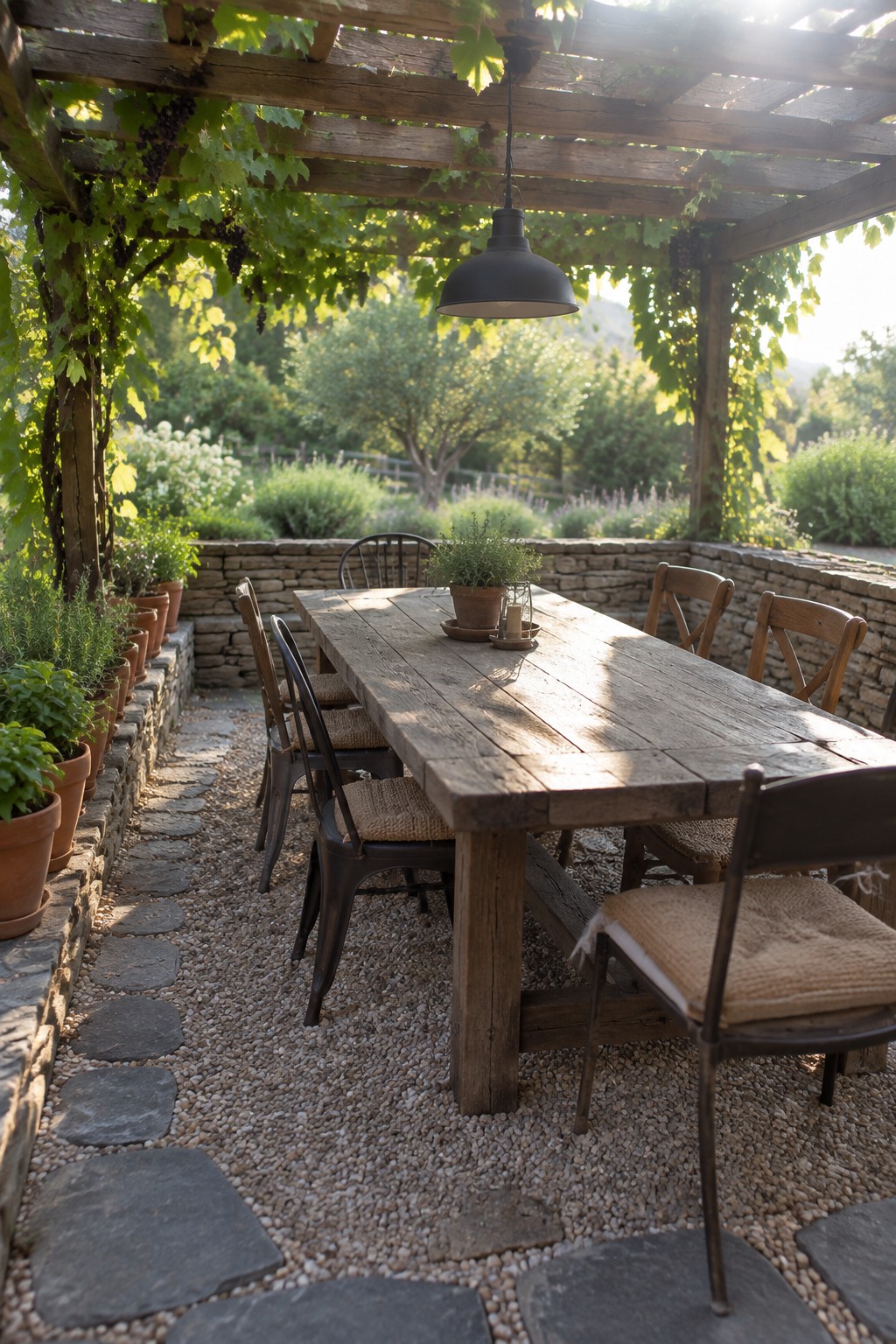A long wooden dining table with mixed chairs sits under a wooden pergola covered in vines on a gravel patio next to a low stone wall lined with potted plants.