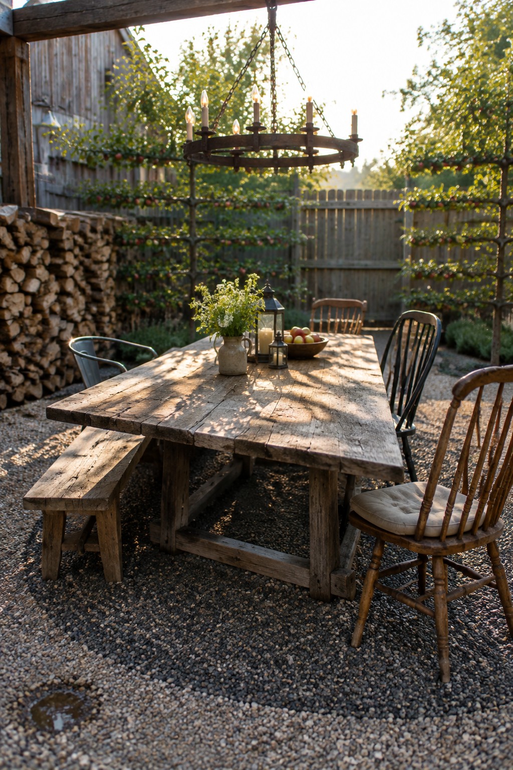 A large rustic wooden dining table with mixed chairs and a bench sits on gravel under a hanging chandelier, with gardens and a wood fence in the background.