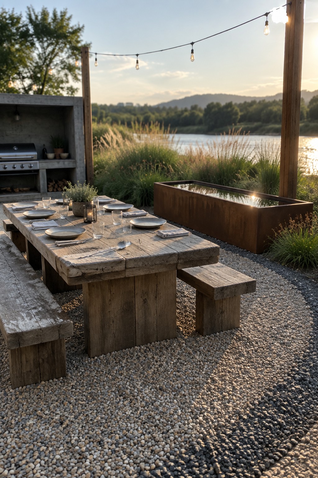 A long rustic wooden dining table with benches placed on gravel next to an outdoor kitchen and a rectangular metal water feature, with string lights above and a river beyond.