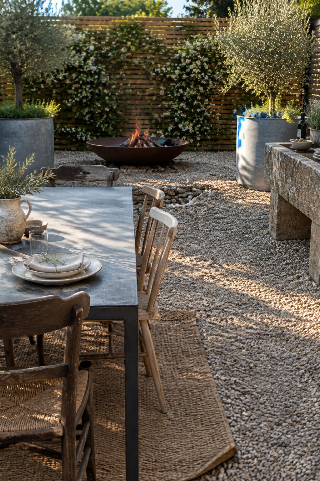 Rustic metal table with wooden chairs on jute rug near burning fire pit in garden