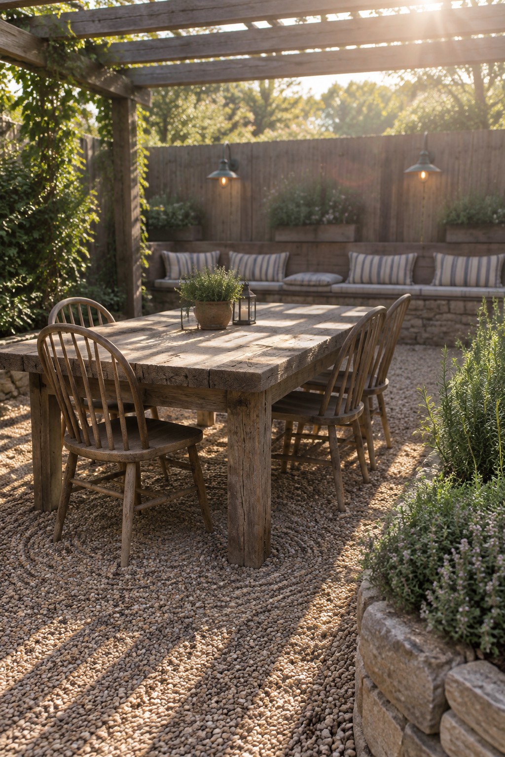 A wooden dining table with spindle-back chairs sits on a gravel surface beneath a pergola, next to built-in bench seating along a wooden fence.