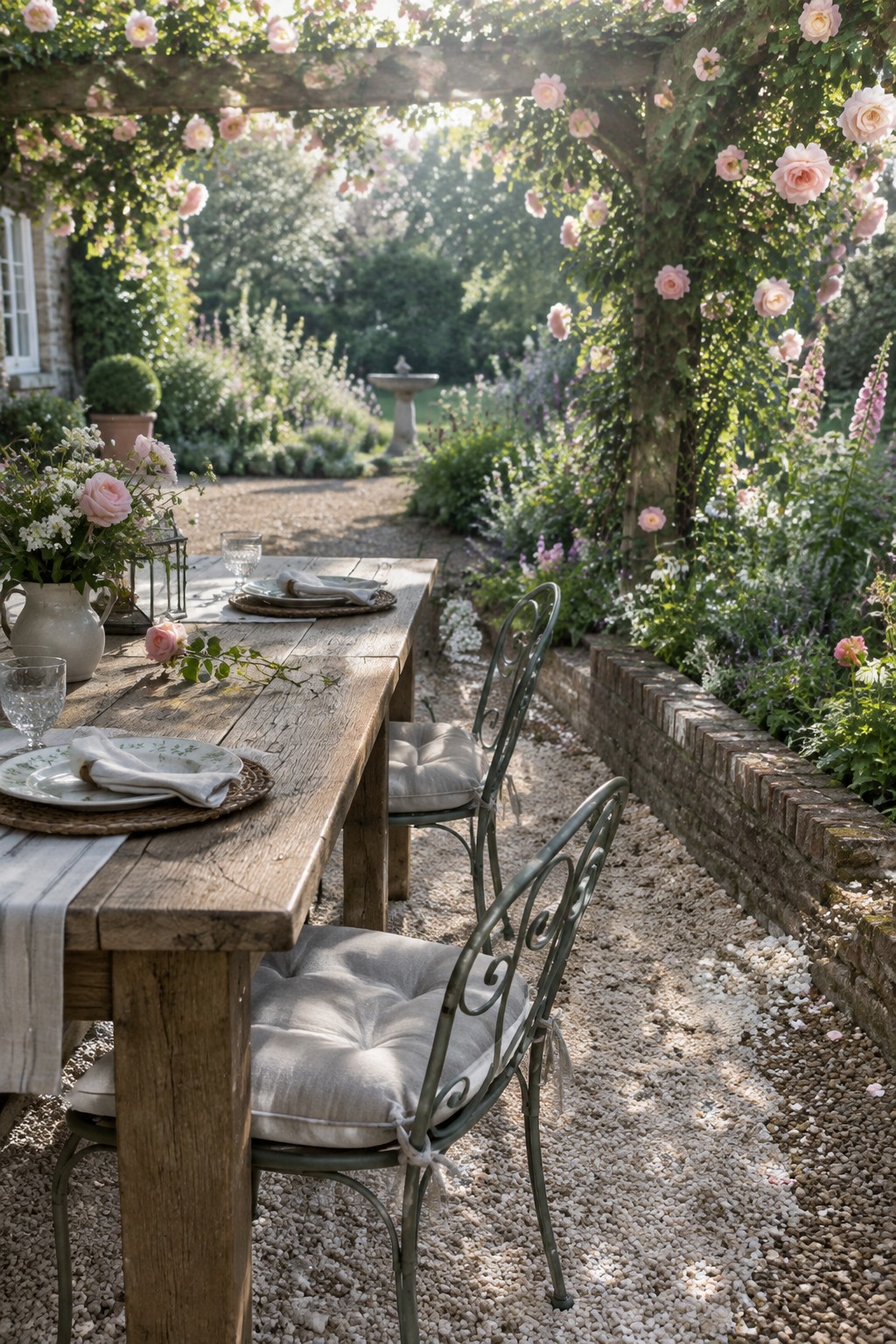 A rustic wooden dining table with place settings and metal chairs with cushions sits on gravel under a rose-covered wooden pergola in a garden.