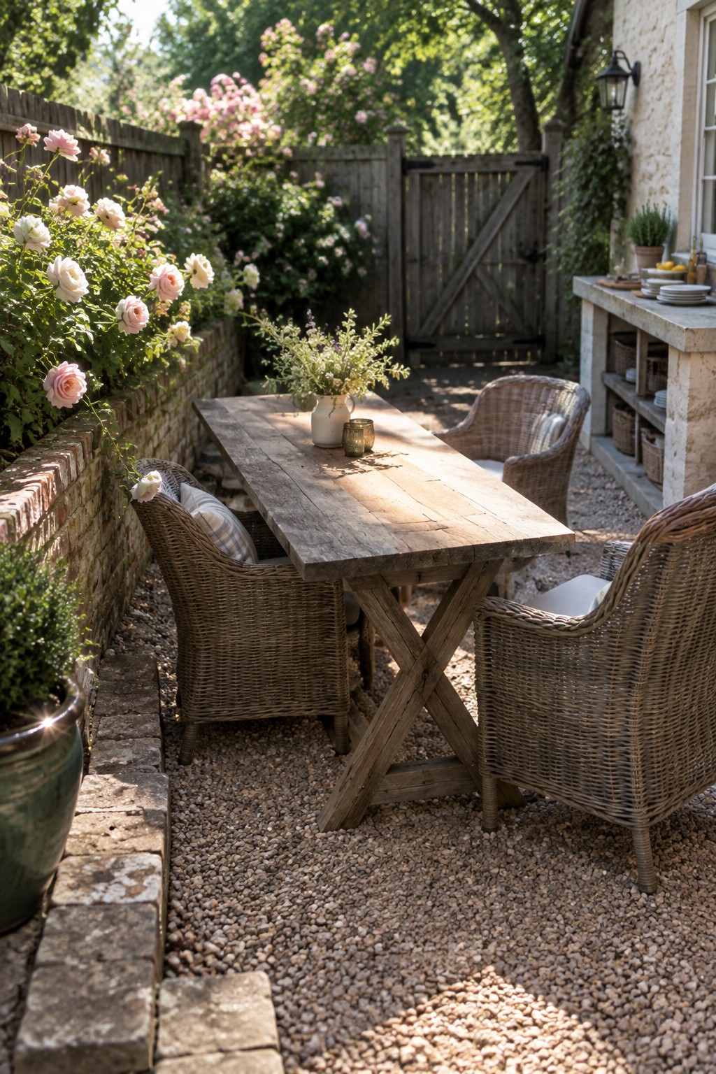 A wooden dining table with four wicker chairs sits on gravel between a brick wall lined with roses and a wooden gate.