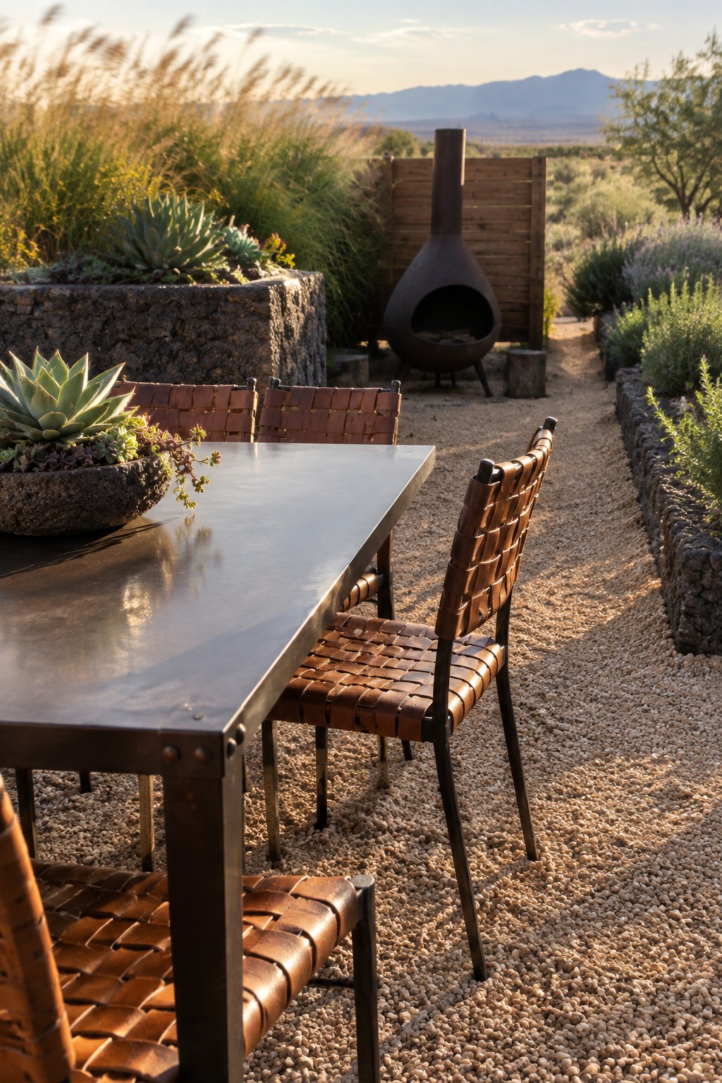 Leather-woven chairs and metal table on gravel near desert fireplace and mountains