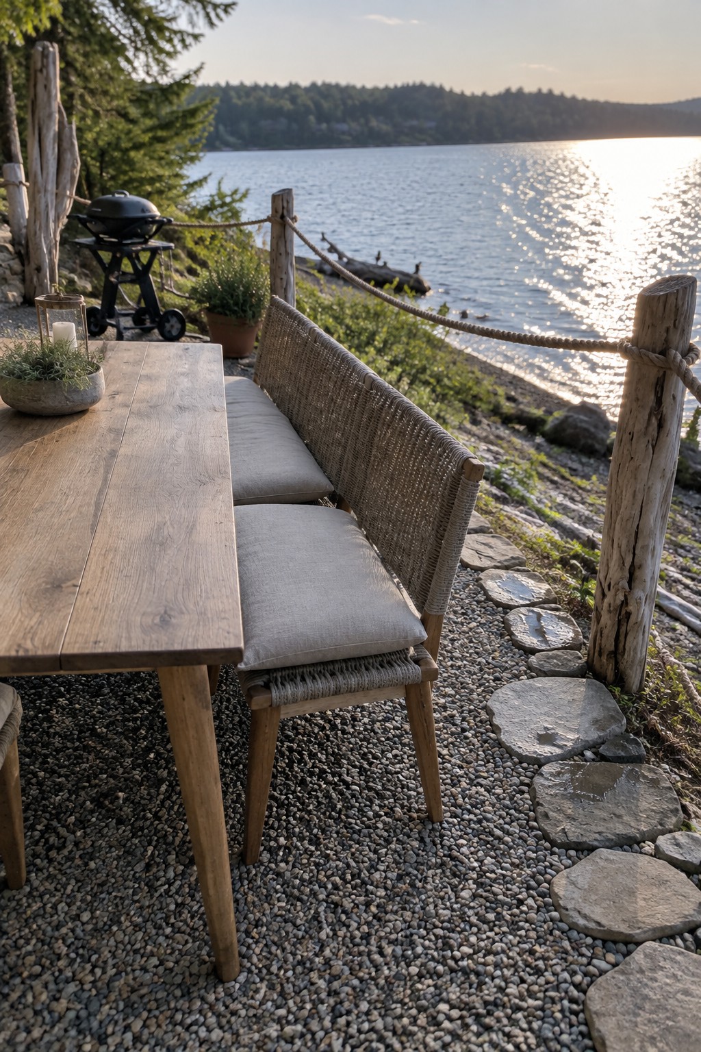 A long wooden table with a cushioned bench on gravel beside a lake, with a stone path, wooden posts, and a grill nearby.
