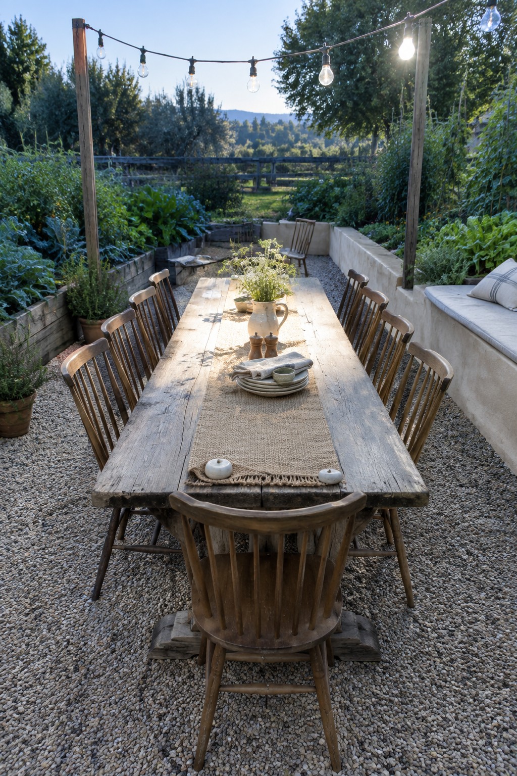 A long rustic wooden dining table with mismatched wooden chairs arranged on gravel, surrounded by raised garden beds and string lights strung between wooden posts.