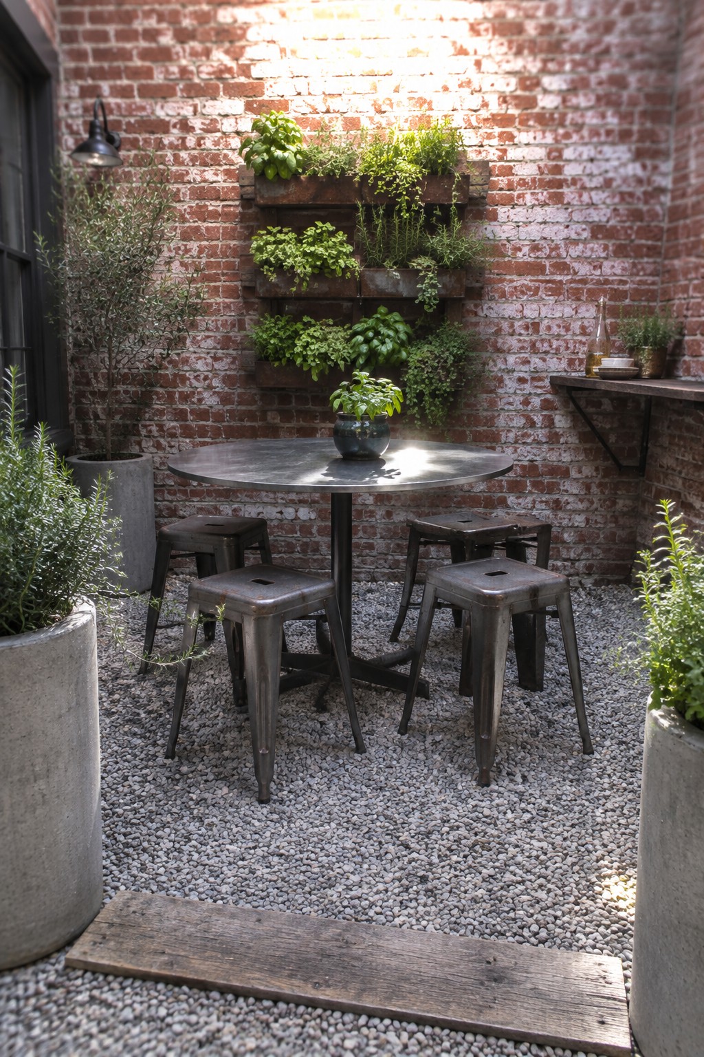 Sunlit gravel courtyard with round metal table, stools, and vertical herb garden on brick wall
