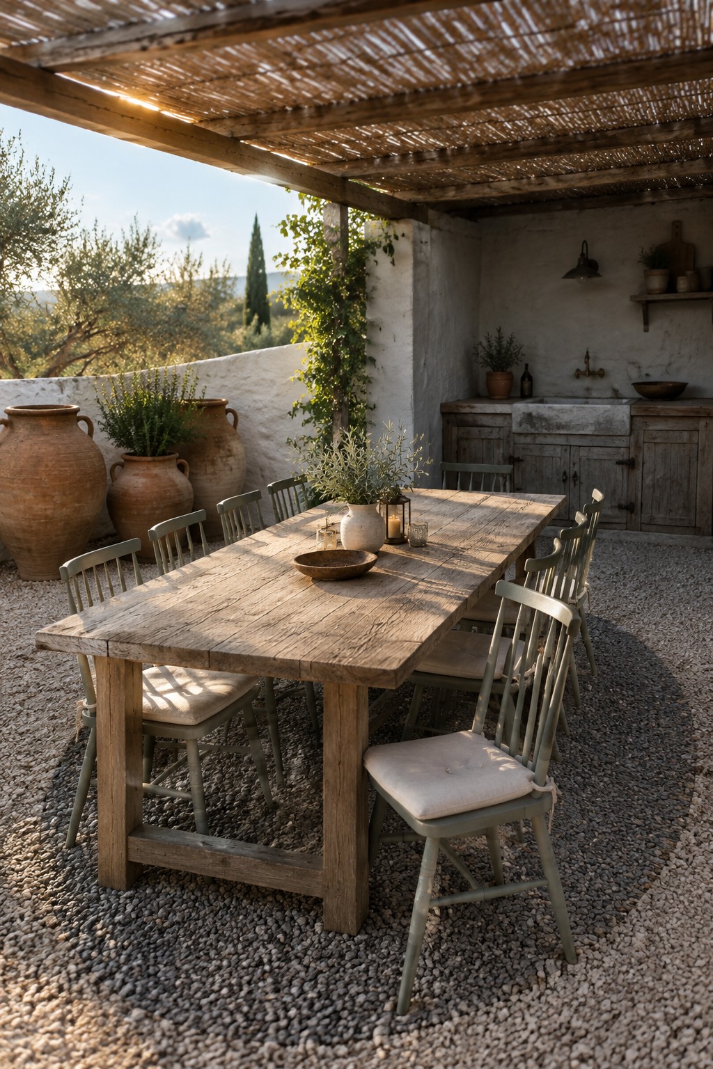 A long rustic wooden dining table with mismatched gray chairs sits centered on a gravel patio beneath a thatched wooden roof, surrounded by large terracotta pots and an outdoor sink area.