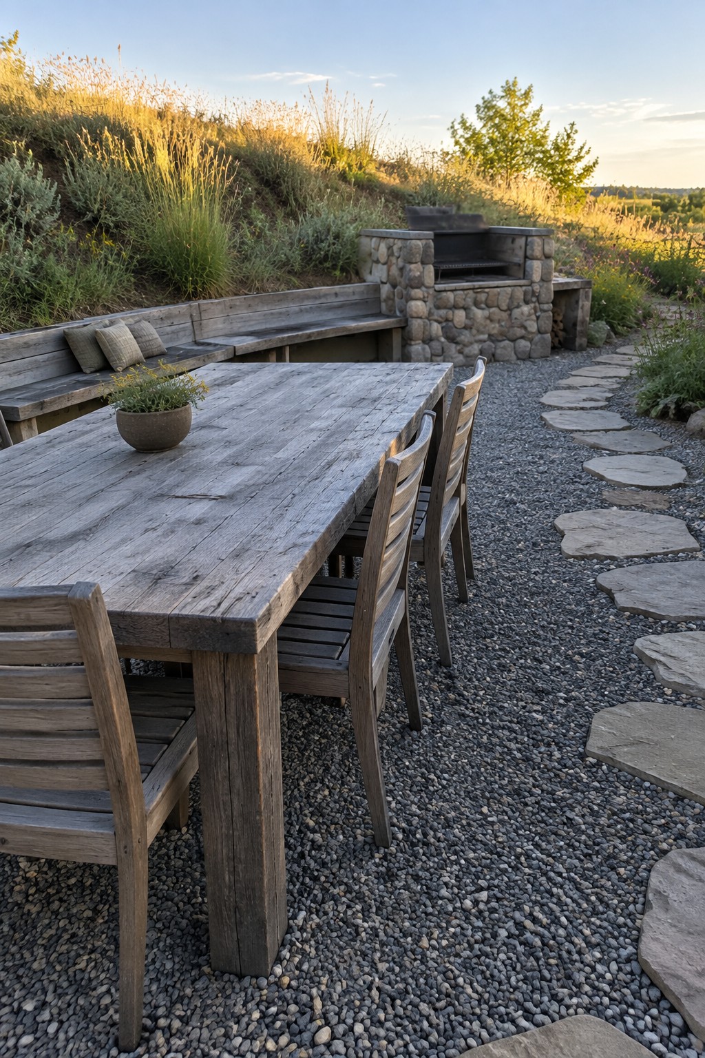 A wooden dining table with chairs on gravel beside a curved built-in bench and stone barbecue.