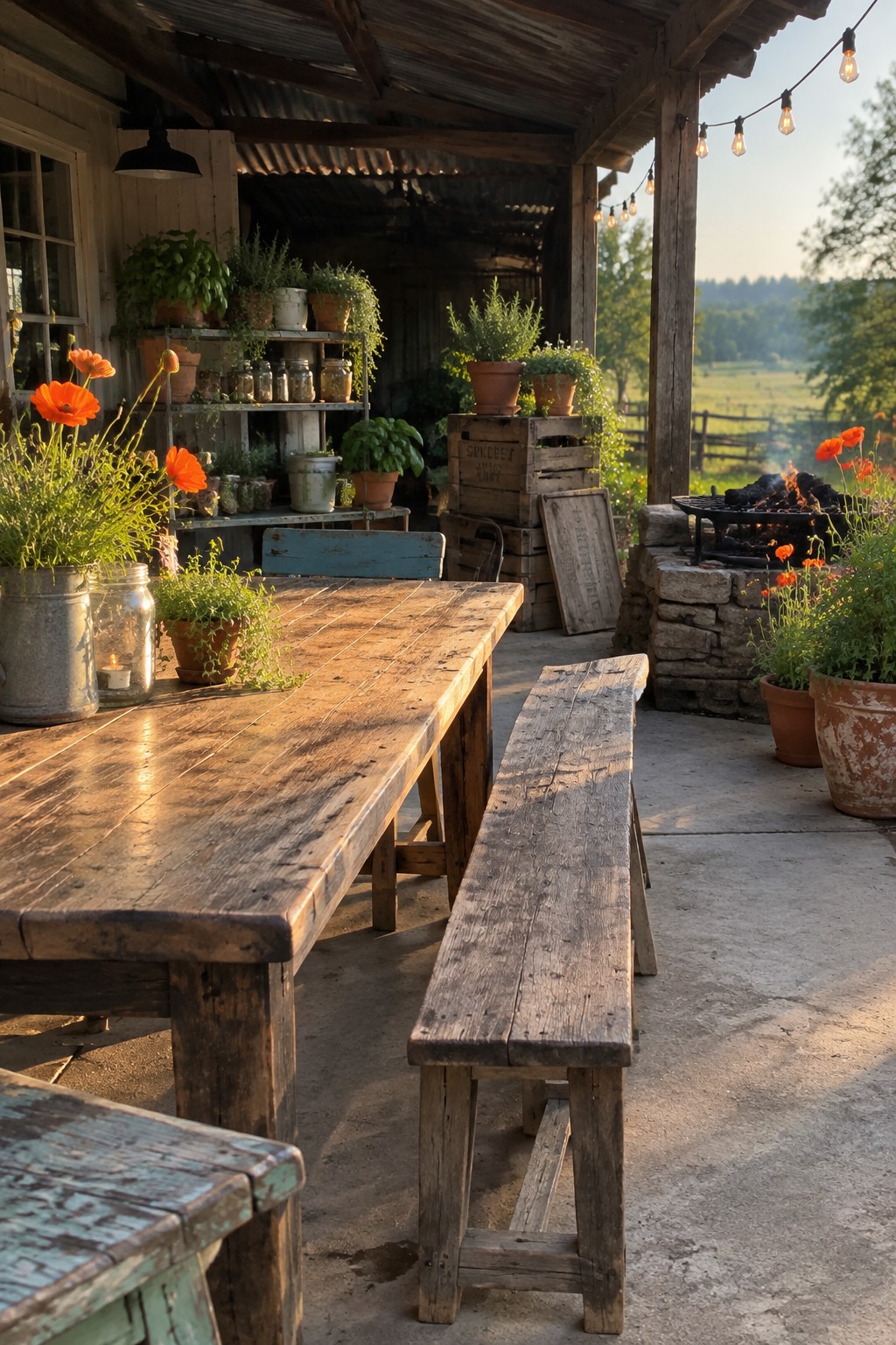 A long rustic wooden table with matching benches sits on a covered patio surrounded by potted plants, a stone fire pit, and string lights.