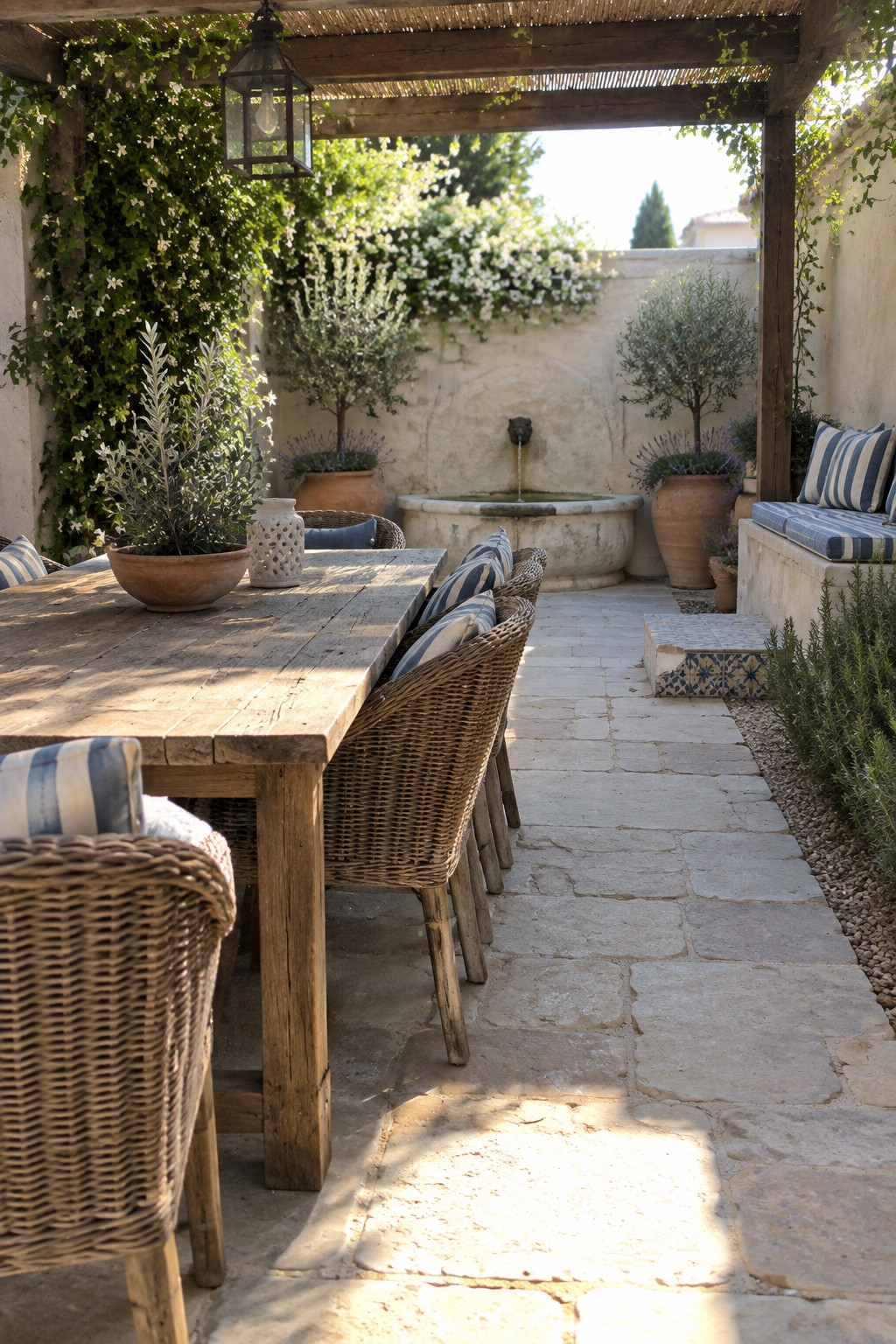 A long wooden dining table with wicker chairs lines a stone patio beside potted plants and a wall fountain.