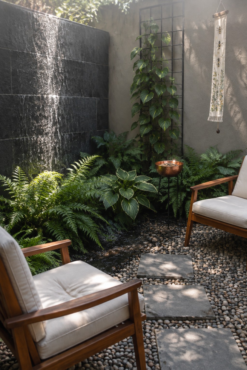 Two cushioned wooden chairs on pebble patio beside waterfall and lush plants