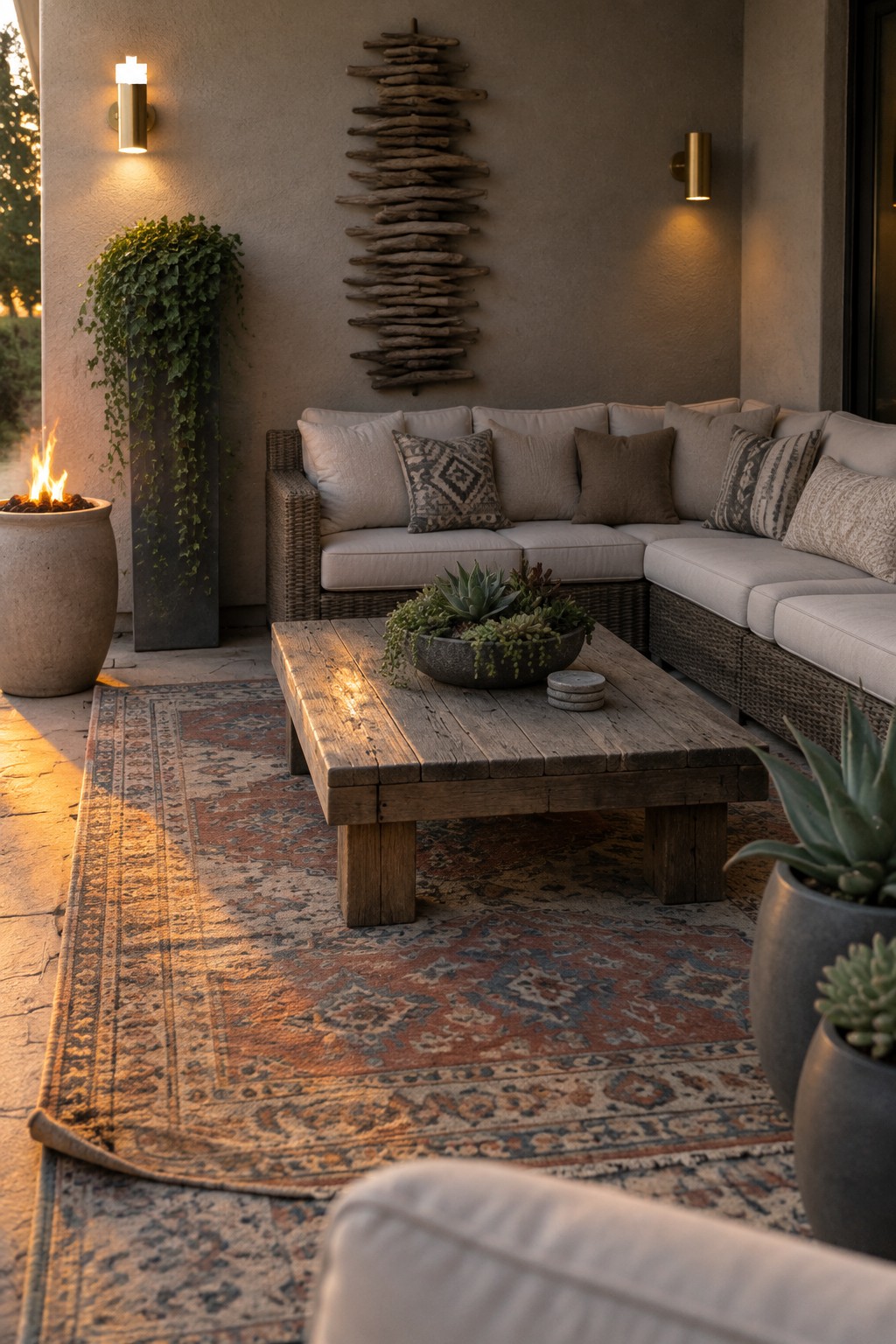 An outdoor patio corner with an L-shaped wicker sectional, wooden coffee table on a large patterned rug, potted succulents, a fire pit, and wall-mounted lights.