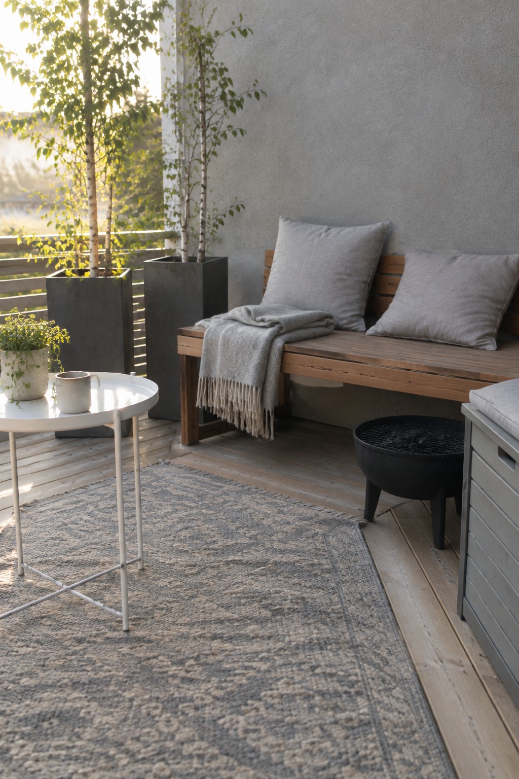 A wooden bench with gray cushions and a folded throw sits on a patterned rug on a wooden patio, next to potted trees and a small round table.