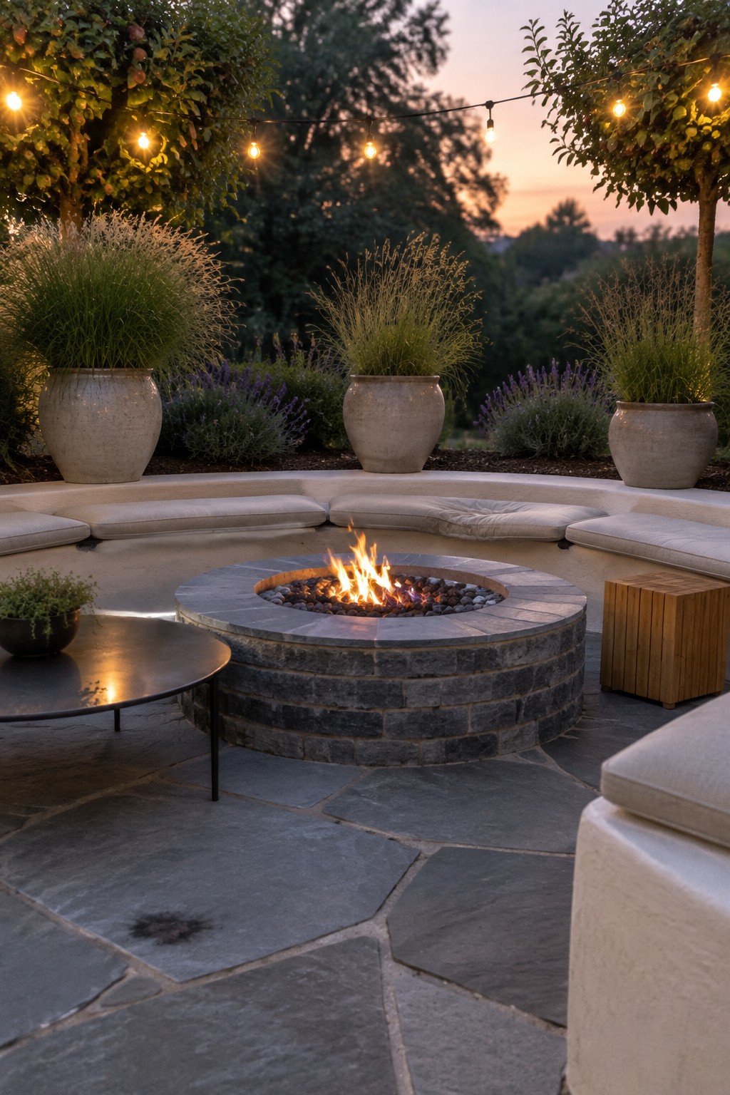A circular stone fire pit with a burning fire sits centered on a flagstone patio, surrounded by curved cushioned seating, large potted plants, and string lights overhead at dusk.