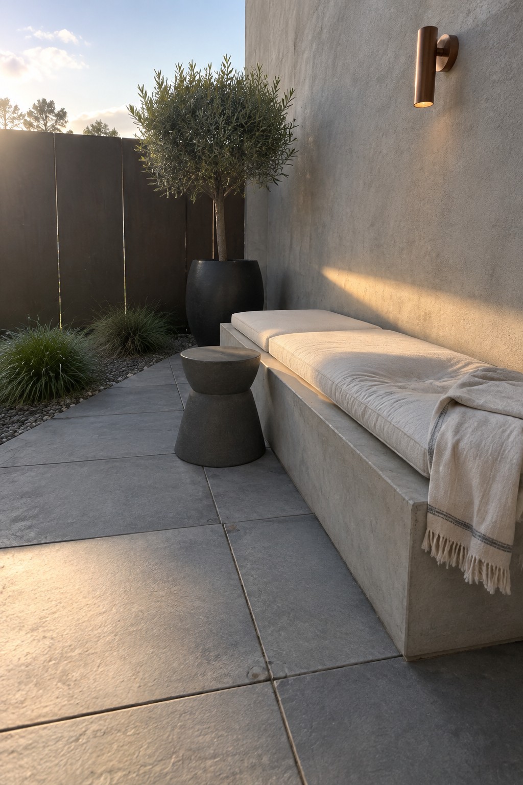 A concrete patio with a long built-in bench holding light cushions and a throw, a dark potted tree beside it, and a wall sconce on the adjacent concrete wall.