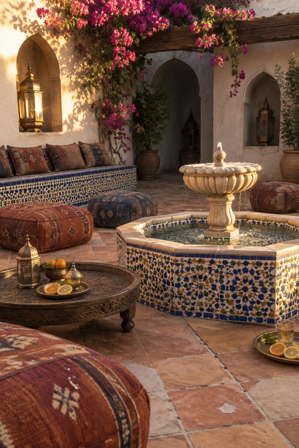 A tiled fountain sits in the center of a stone patio surrounded by low patterned cushions, lanterns, and flowering vines on white walls.