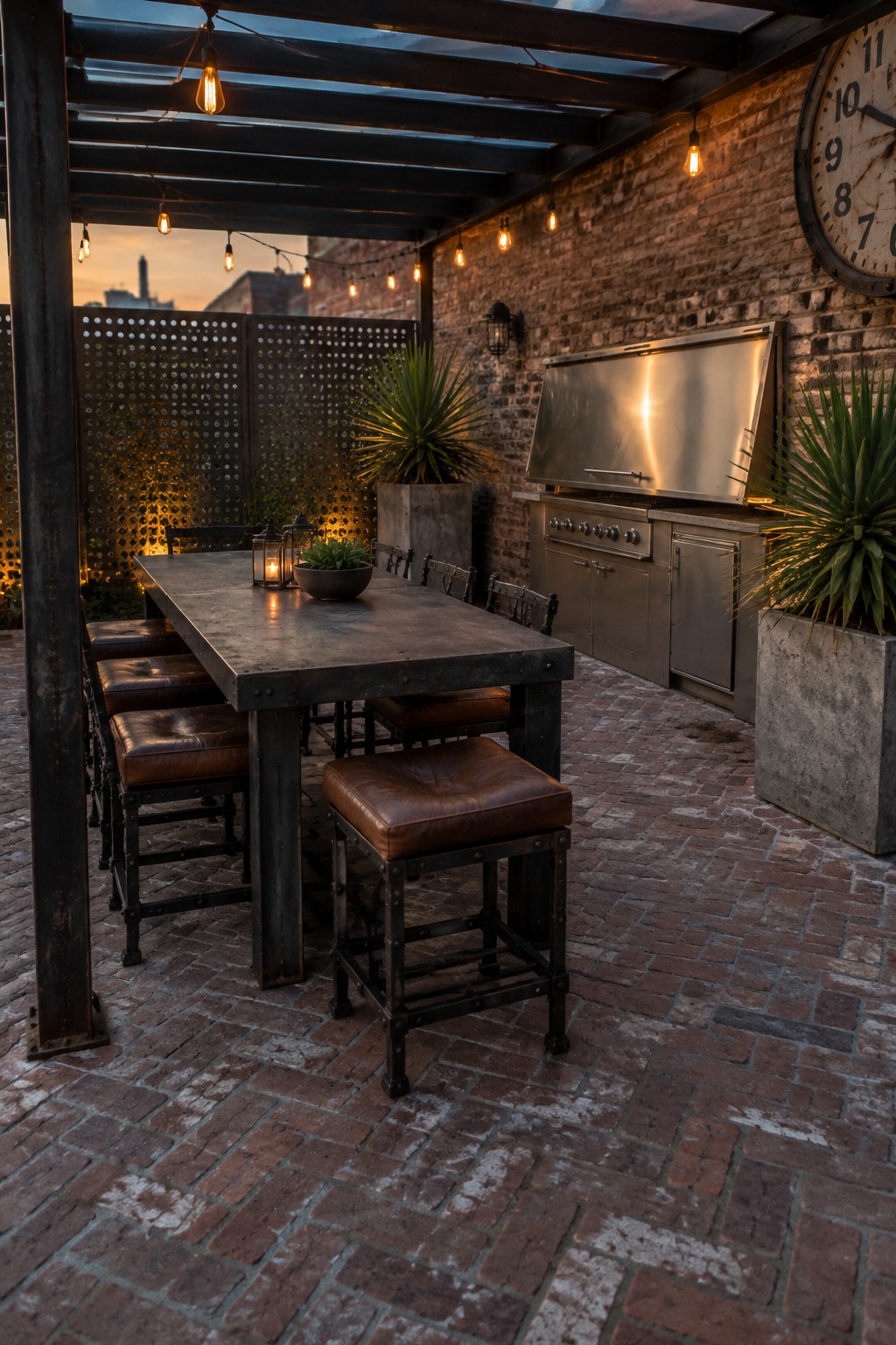 Rustic brick patio with long wooden table, leather stools, stainless grill, and string lights.