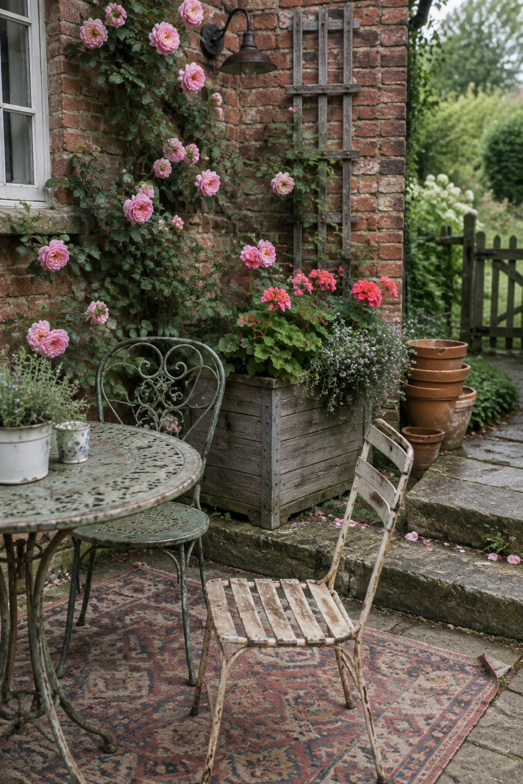 Vintage green metal table and chairs on rug by brick wall with pink roses