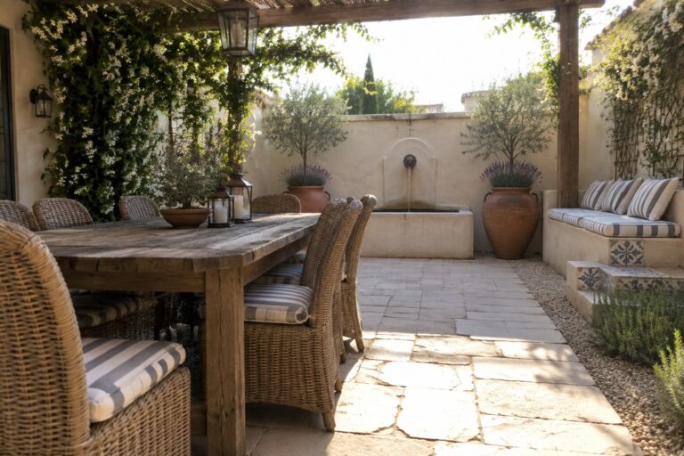 A long wooden dining table with wicker chairs lines a stone patio beside potted plants and a wall fountain.