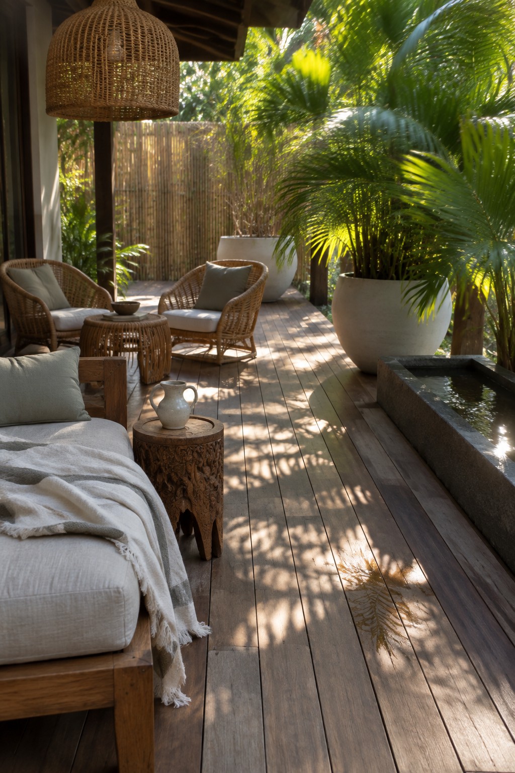 A wooden deck patio features wicker armchairs and a daybed with cushions, large concrete planters holding palm trees, a stone water trough, and a woven pendant light overhead.