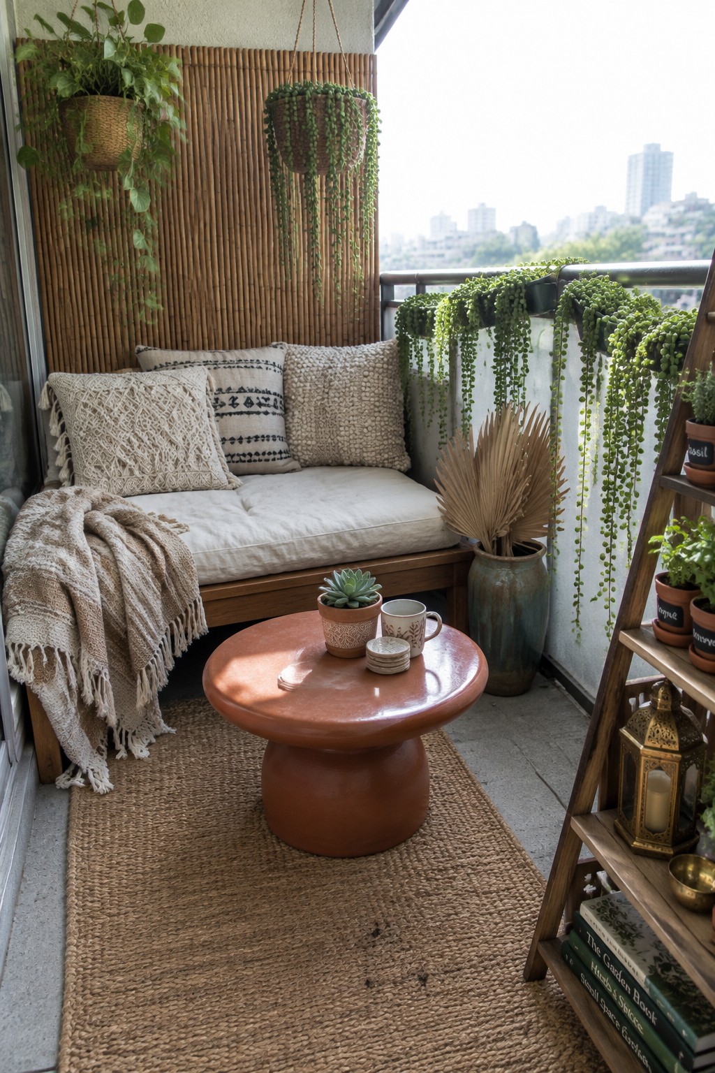 A small balcony with a wooden daybed, terracotta coffee table, woven rug, hanging plants on a bamboo screen, and a ladder shelf holding potted plants.