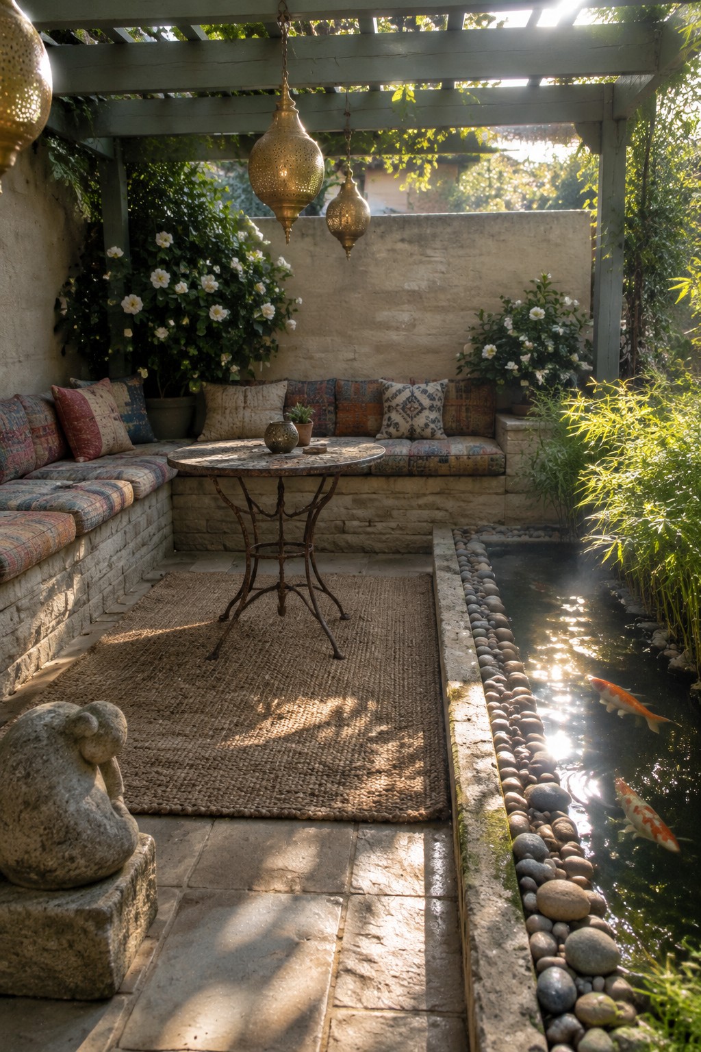 Serene patio with hanging lanterns, patterned cushions, round table, and koi pond