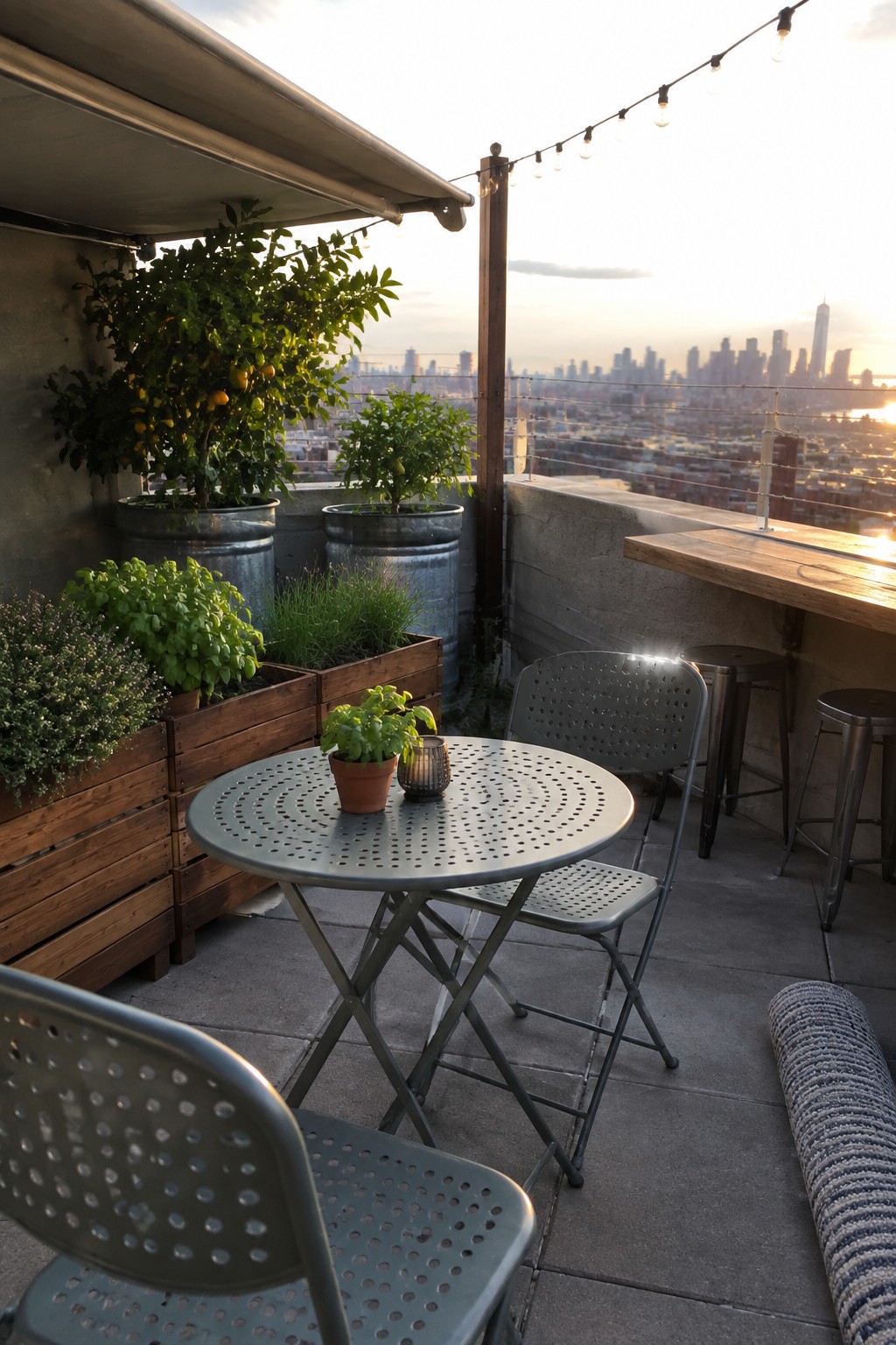 A small rooftop patio with metal bistro table and chairs, wooden raised beds, metal barrel planters with citrus trees, and a city skyline at sunset.