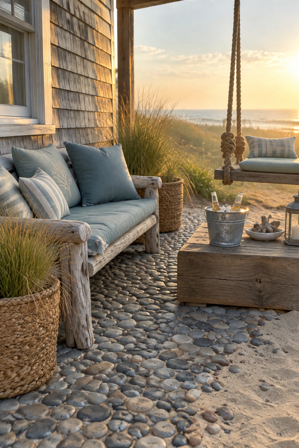 A rustic wooden bench with blue cushions sits on a pebble surface beside a hanging wooden swing, with a low table holding bottles and a bowl between them, next to a shingled house.