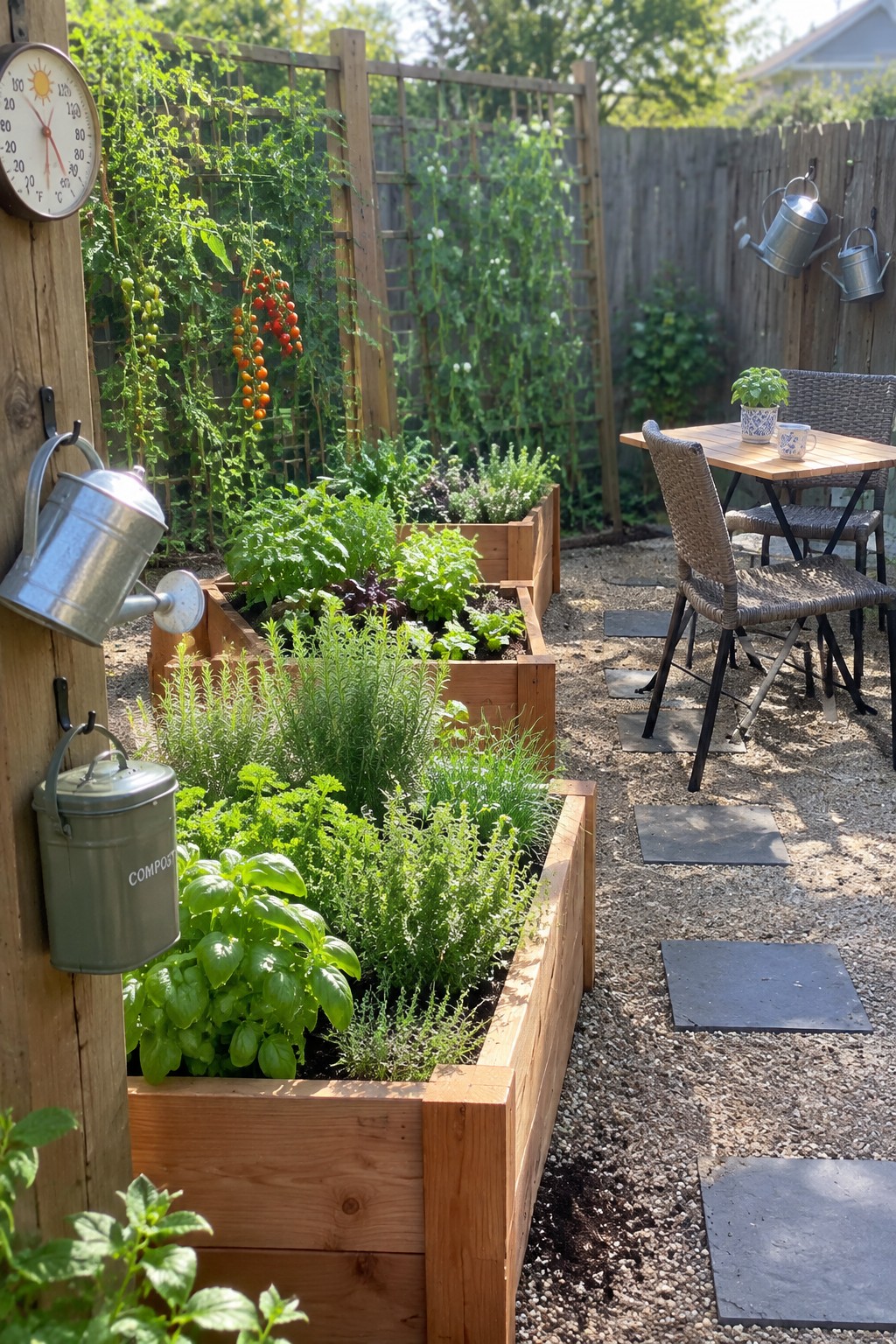 A small backyard garden features long wooden raised beds filled with leafy greens, herbs, and tomato vines, alongside a gravel path with dark stepping stones leading to a wooden table and wicker chairs.