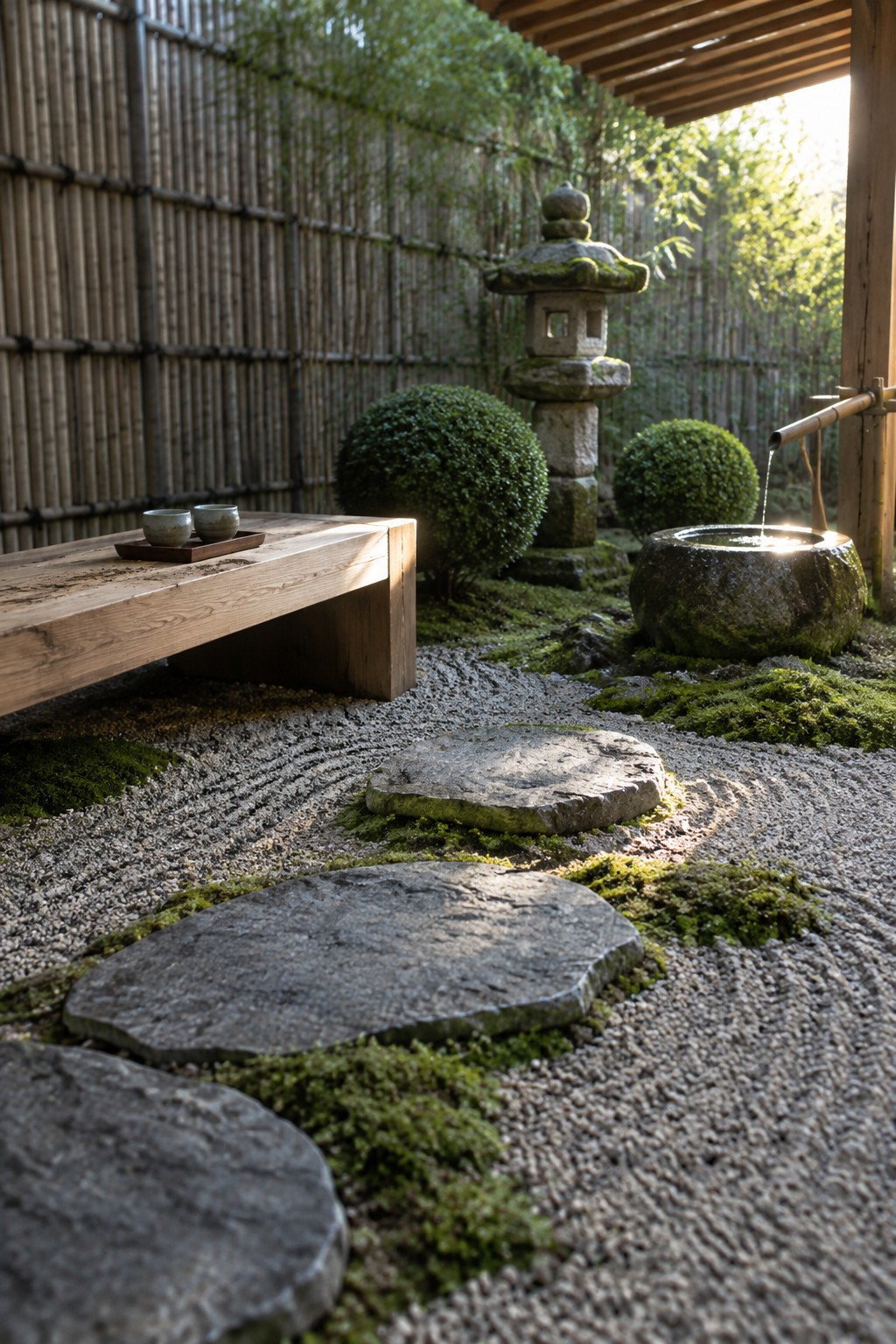 A compact Japanese garden with raked gravel, irregular stepping stones, a low wooden bench holding two small cups, a stone lantern, and a bamboo spout filling a stone basin.