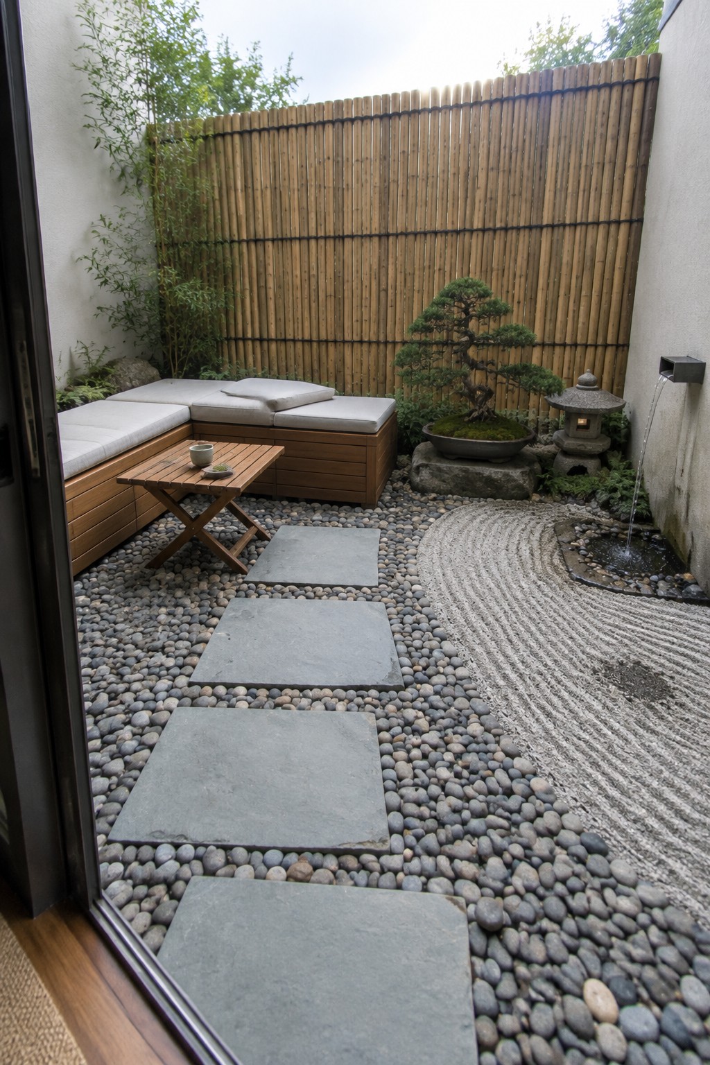 Small enclosed backyard patio with wooden bench seating along two walls, light gray cushions, a small wooden table, gravel ground with large stone pavers, a bonsai tree, stone lantern, and water feature.