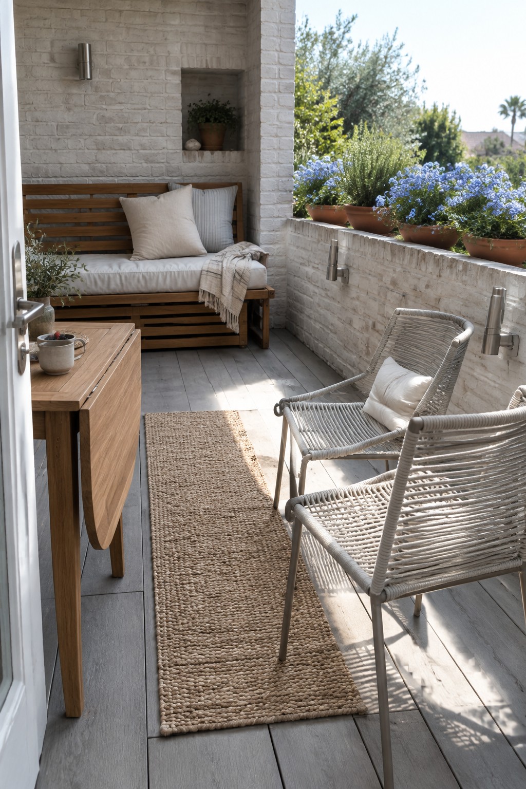 Small patio with wooden bench against white brick wall, two light woven chairs, drop-leaf table, and potted plants along the edge.
