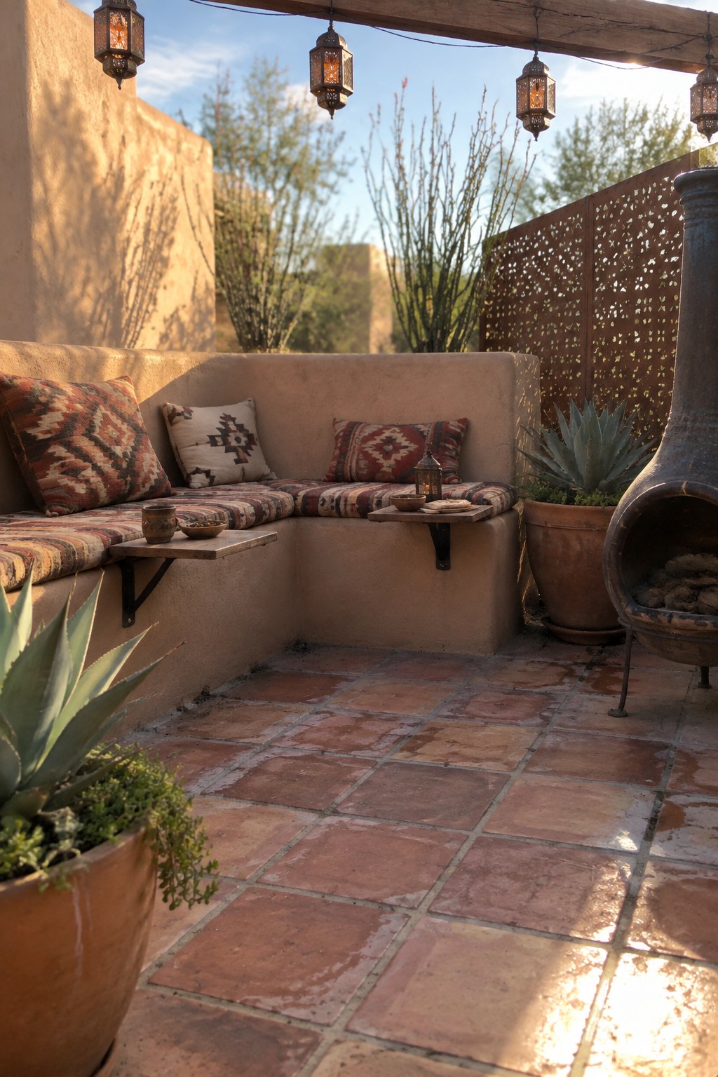 An L-shaped adobe patio with built-in bench seating, patterned cushions, small wooden wall-mounted tables, hanging lanterns, potted agave plants, and a chiminea on terracotta tiles.