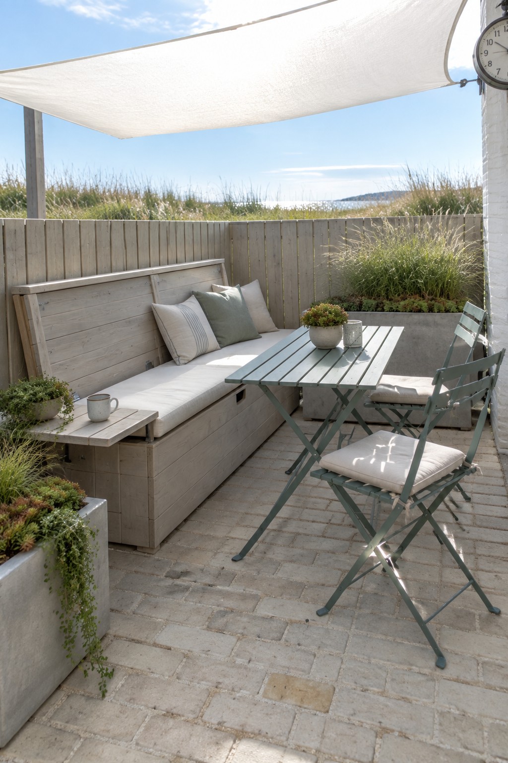 A small brick patio with a wooden built-in bench along a fence, a foldable green metal table and chairs, a white shade sail overhead, and concrete planters with greenery.
