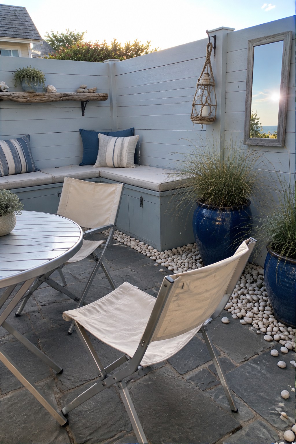 A small outdoor patio corner with light blue built-in bench seating, beige cushions, two folding canvas chairs, a round metal table, and large blue ceramic planters along a stone-paved area.