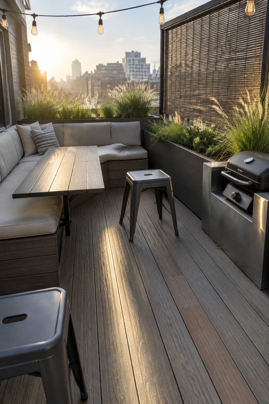 A small urban deck with an L-shaped built-in bench, wooden dining table, two metal stools, a stainless grill, and planters along the edge overlooking city buildings at sunset.