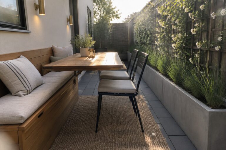 A small paved patio with a wooden built-in bench topped with cushions, a dining table, two black metal chairs on a woven rug, and wall-mounted lights.