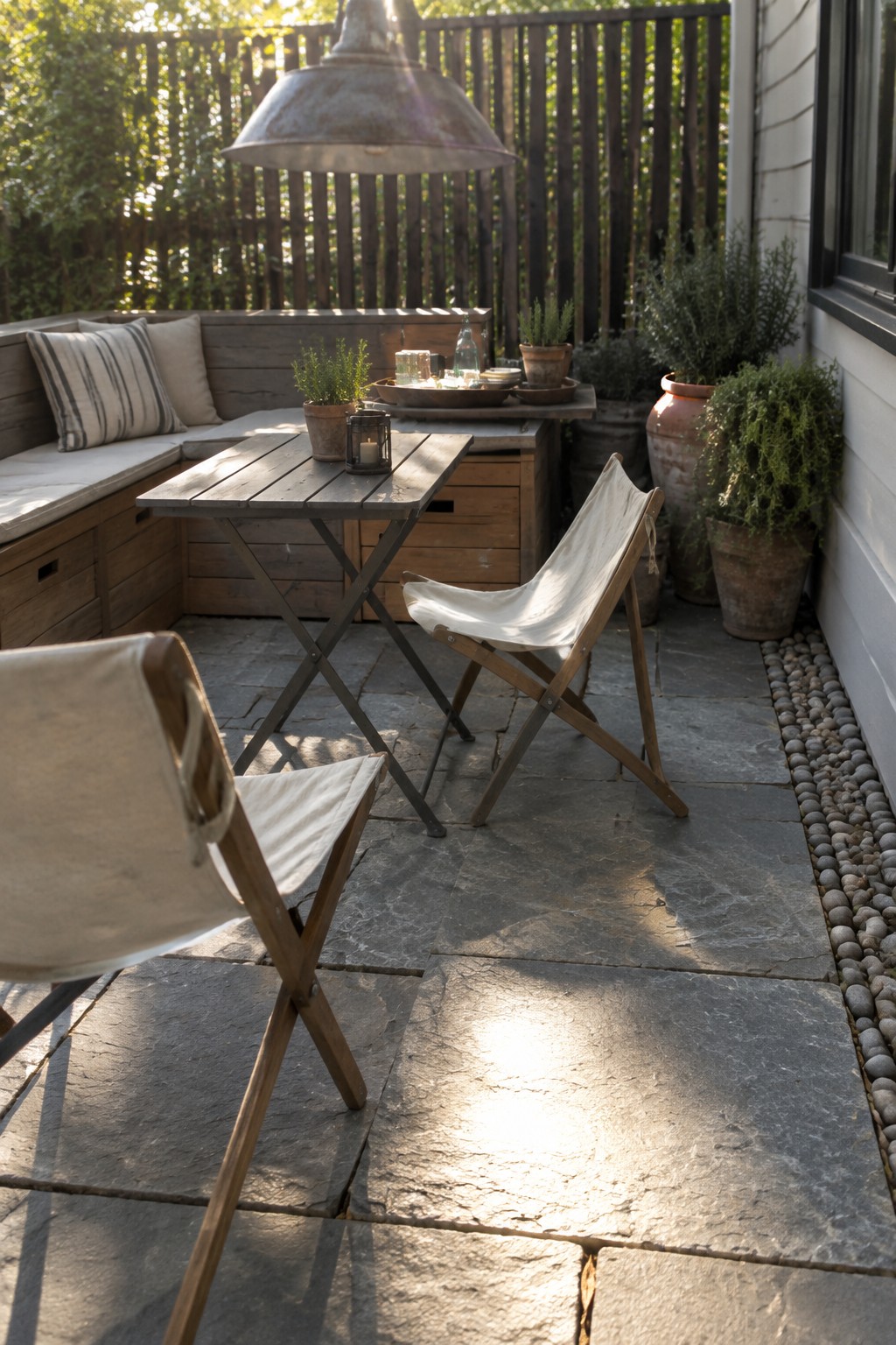 Stone patio with wooden folding table, canvas chairs, bench, potted plants, and hanging lamp