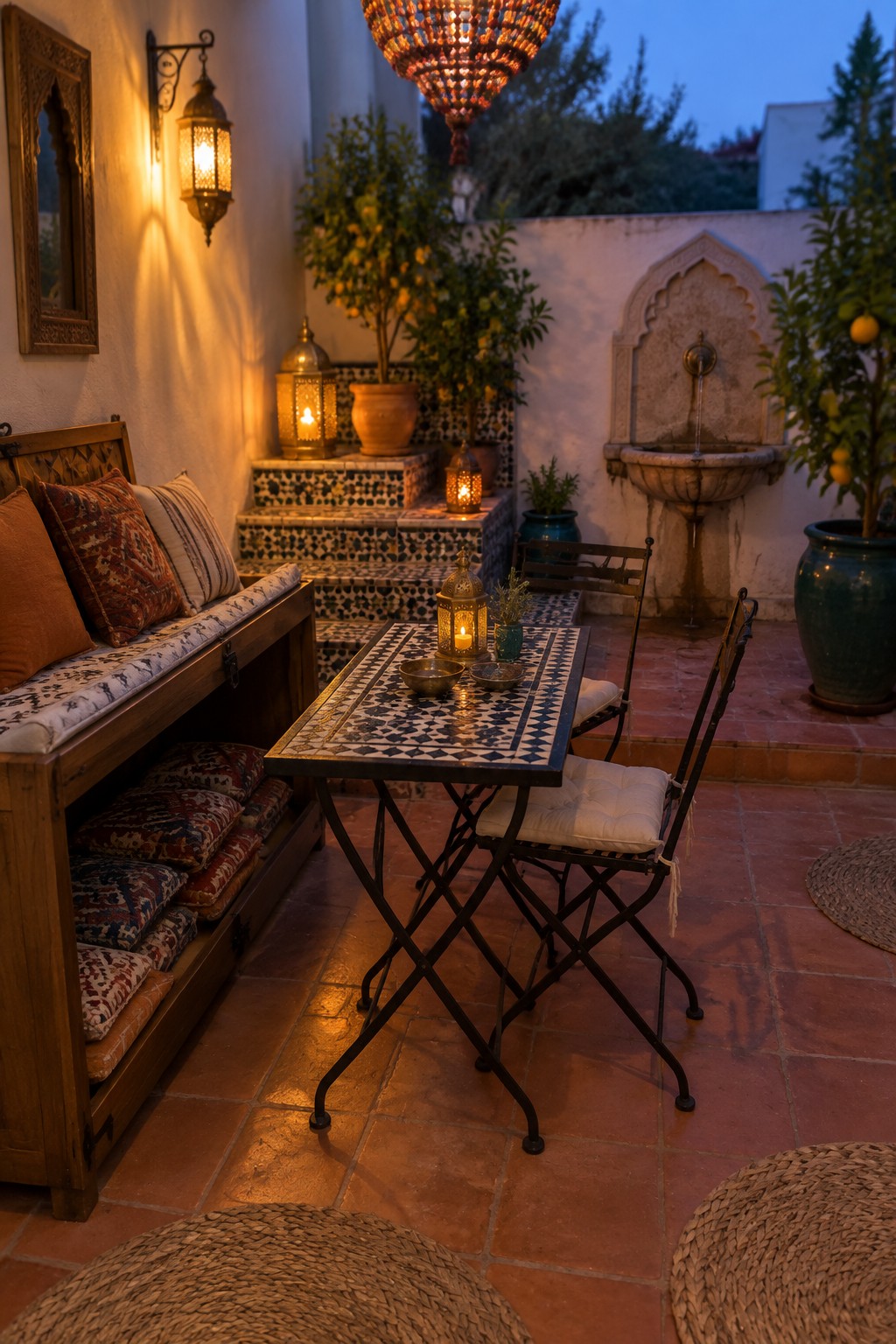 Cozy patio with mosaic table, wooden bench, stone fountain, and glowing lanterns at dusk