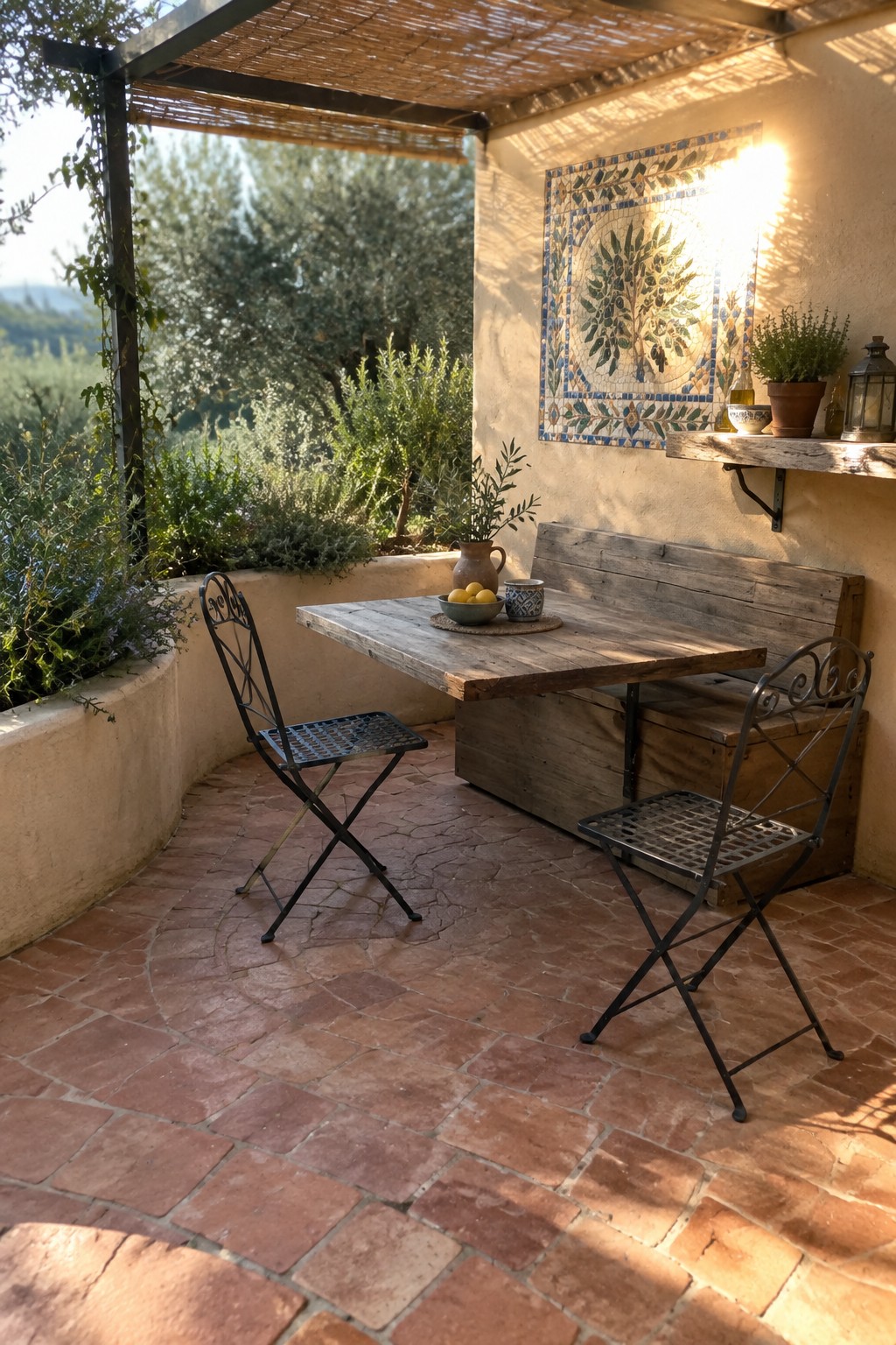 Sunny Mediterranean patio with rustic wooden table, metal chairs, and mosaic wall art.