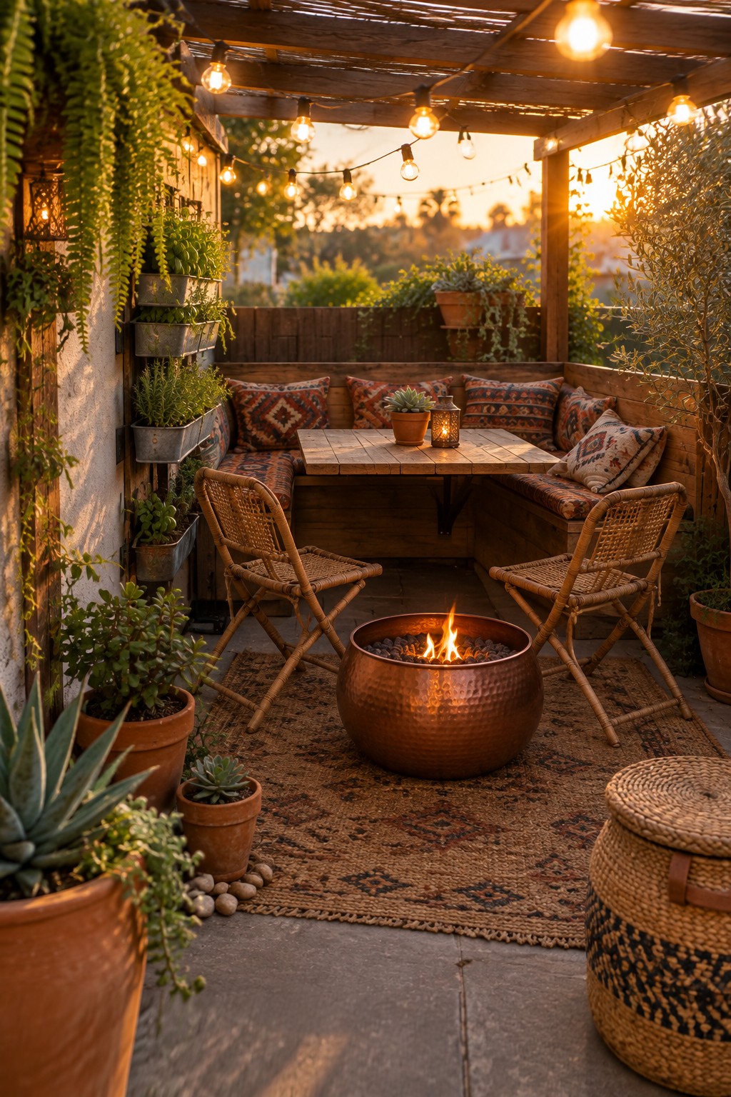 A compact back patio with a round copper fire pit centered on a rug, two folded wicker chairs, a wooden table, and a built-in bench with pillows beneath a pergola strung with lights.
