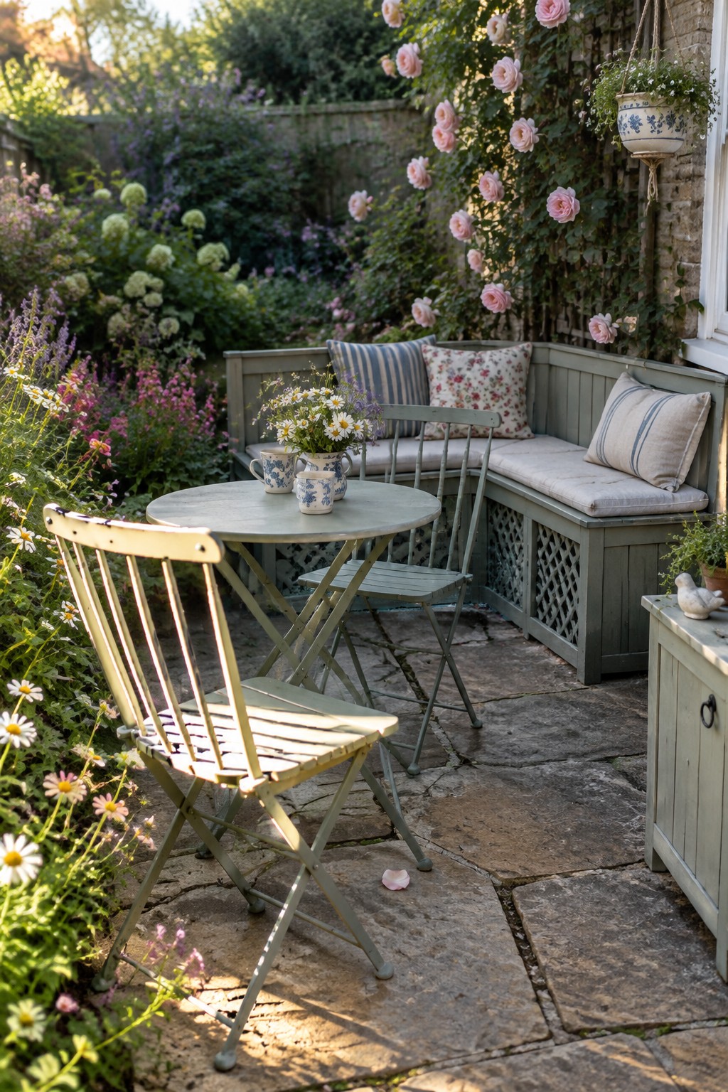 A small stone patio with a round table, two folded green metal chairs, a built-in corner bench with cushions and pillows, and pink roses climbing a brick wall.