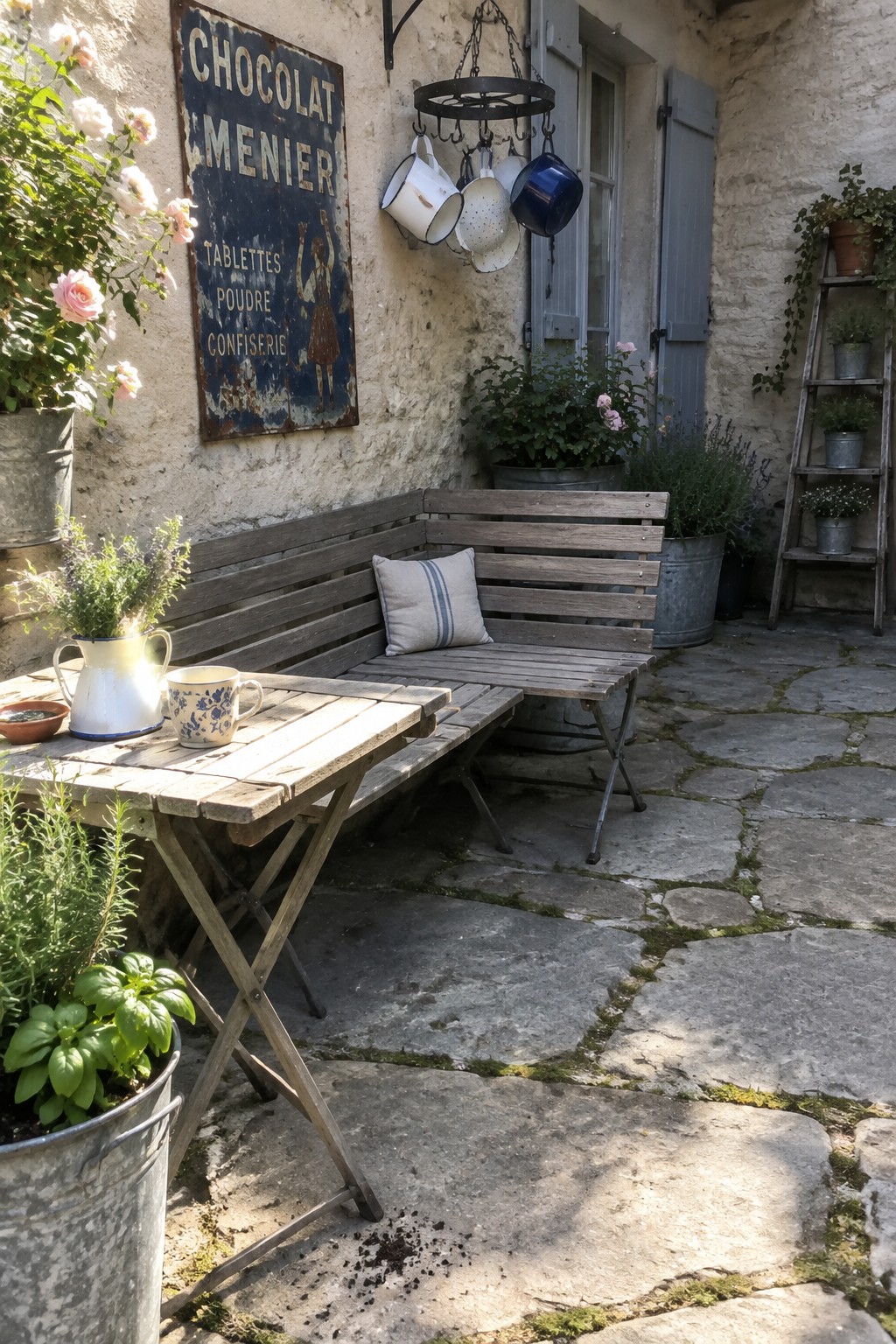A small stone patio with a wooden folding table, a simple wooden bench with a striped pillow, potted plants, and a stone wall with a vintage sign.