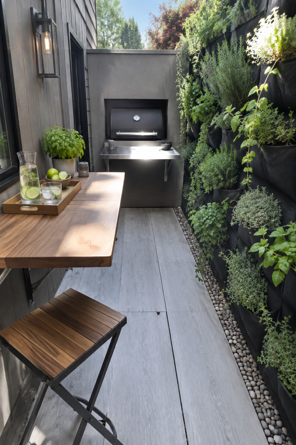 Modern narrow patio with wooden table, stool, built-in grill, and vertical garden wall.