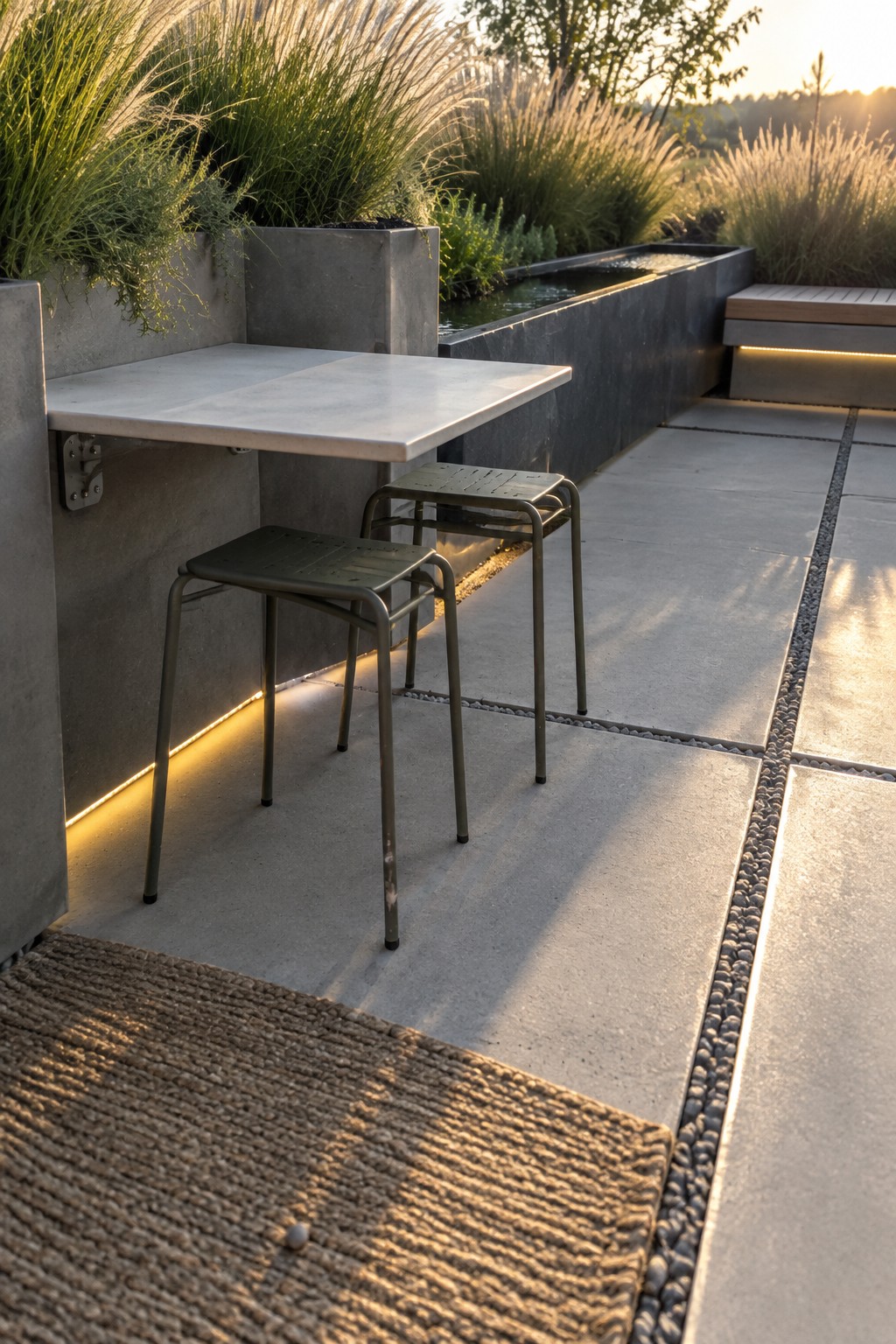 A small concrete patio features a wall-mounted light gray table with two dark metal stools underneath, surrounded by concrete planters with tall grasses and paved ground with a woven rug in the foreground.