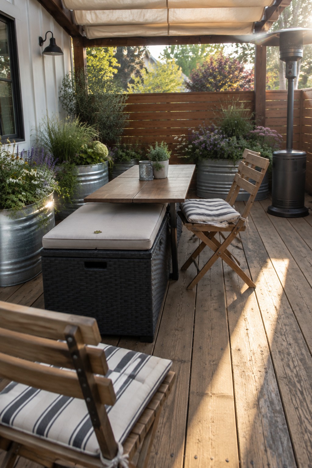 A small wooden deck patio features a rectangular table, folding wooden chairs with striped cushions, a black woven storage bench topped with a beige cushion, potted plants in metal tubs, and a patio heater under a fabric canopy.