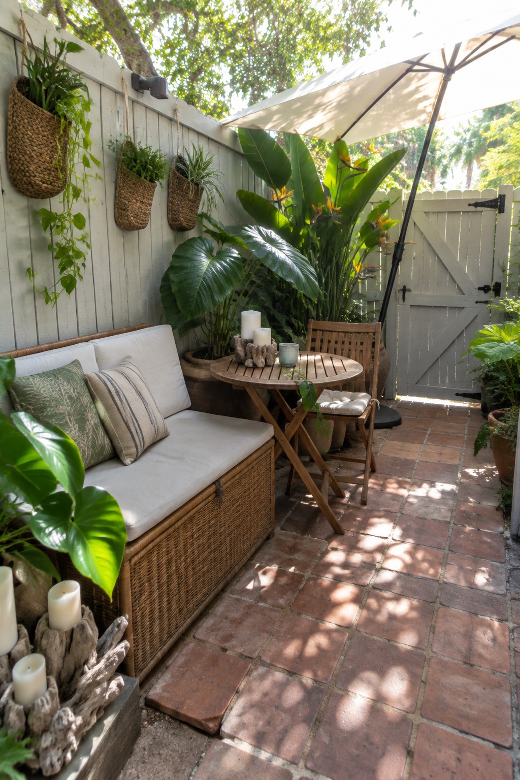 Cozy brick patio with wicker bench, round table, candles, plants, and umbrella.