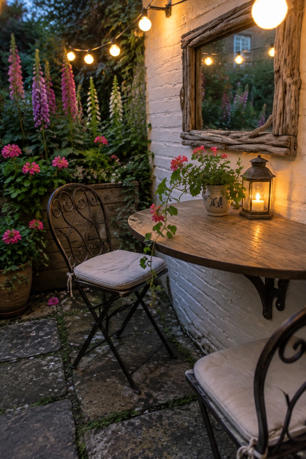A small outdoor patio with a round wooden table mounted on a white brick wall using black brackets, a cushioned folding metal chair, potted red flowers, a lit lantern on the table, and string lights overhead.