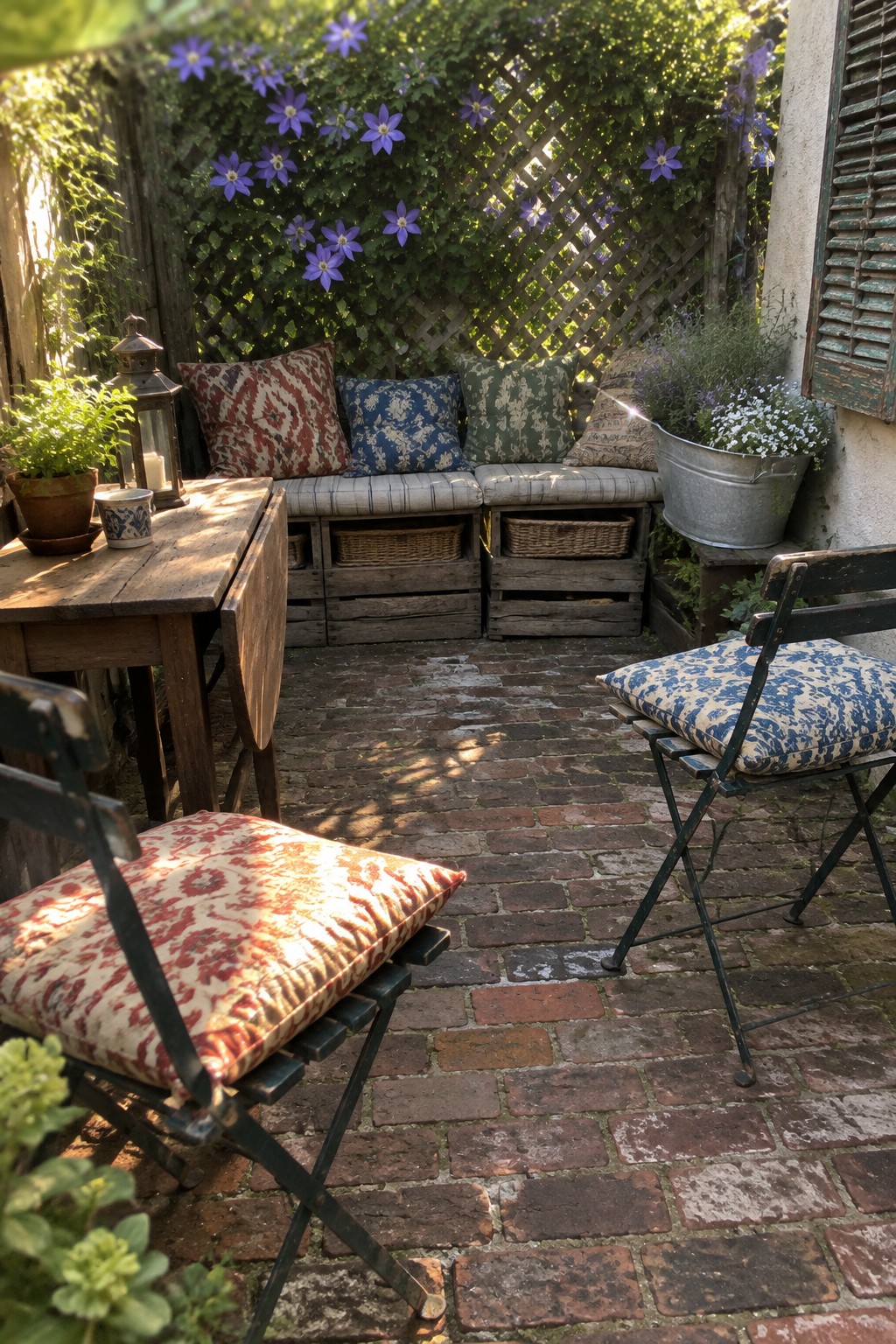 Rustic brick patio with wooden table, patterned folding chairs, cushioned bench, and purple blooms.